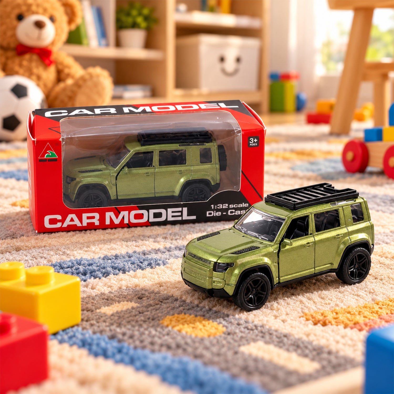 A metallic green die-cast SUV toy with a black roof rack sits on a striped rug next to its red packaging box.