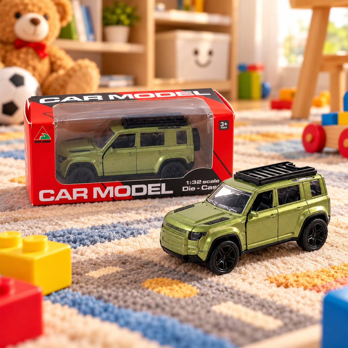 A metallic green die-cast SUV toy with a black roof rack sits on a striped rug next to its red packaging box.
