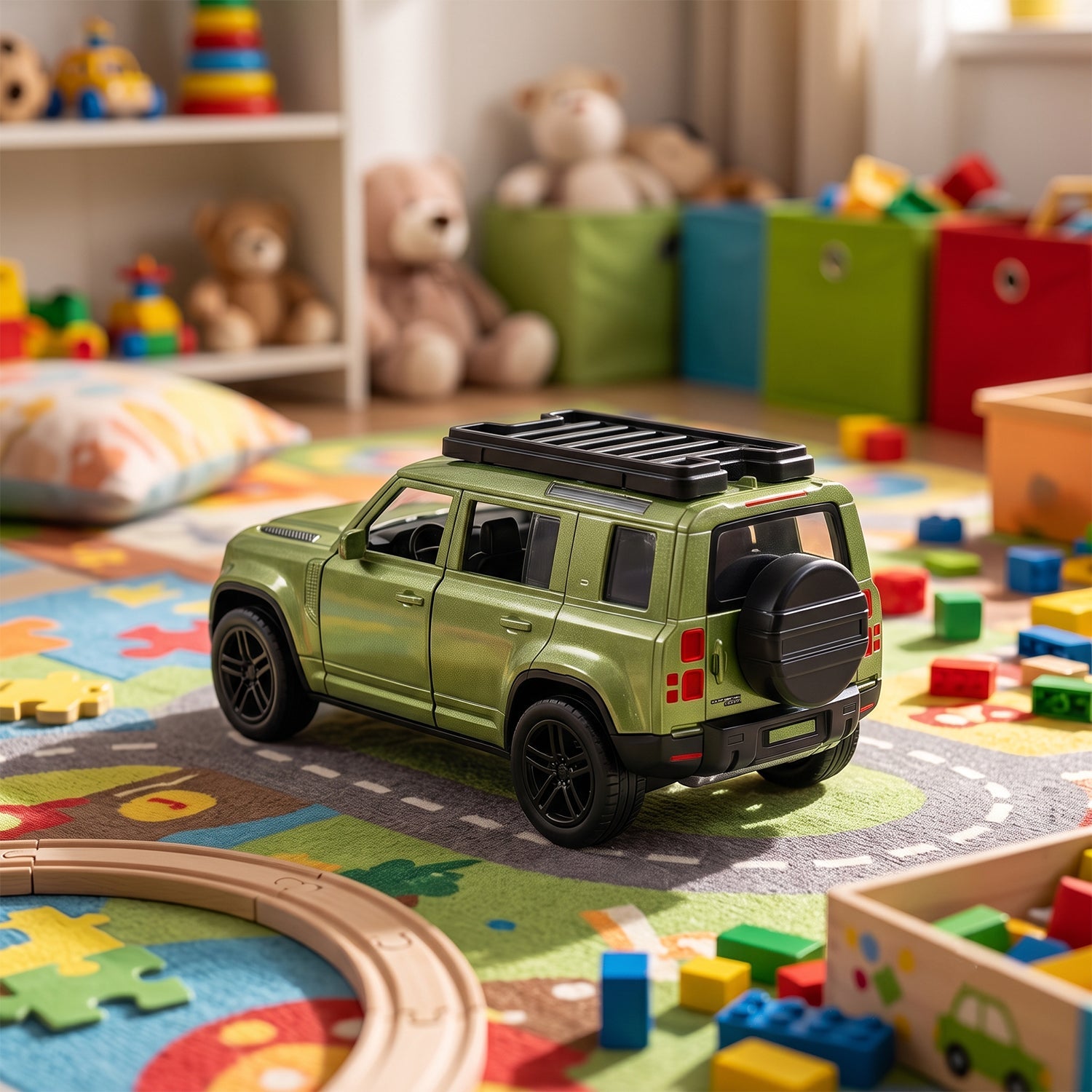 A metallic green die-cast SUV toy with a spare tire on the back is on a playmat with wooden tracks.