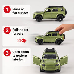 Three panels show how to play: place on surface, roll forward, and open doors to explore the interior.