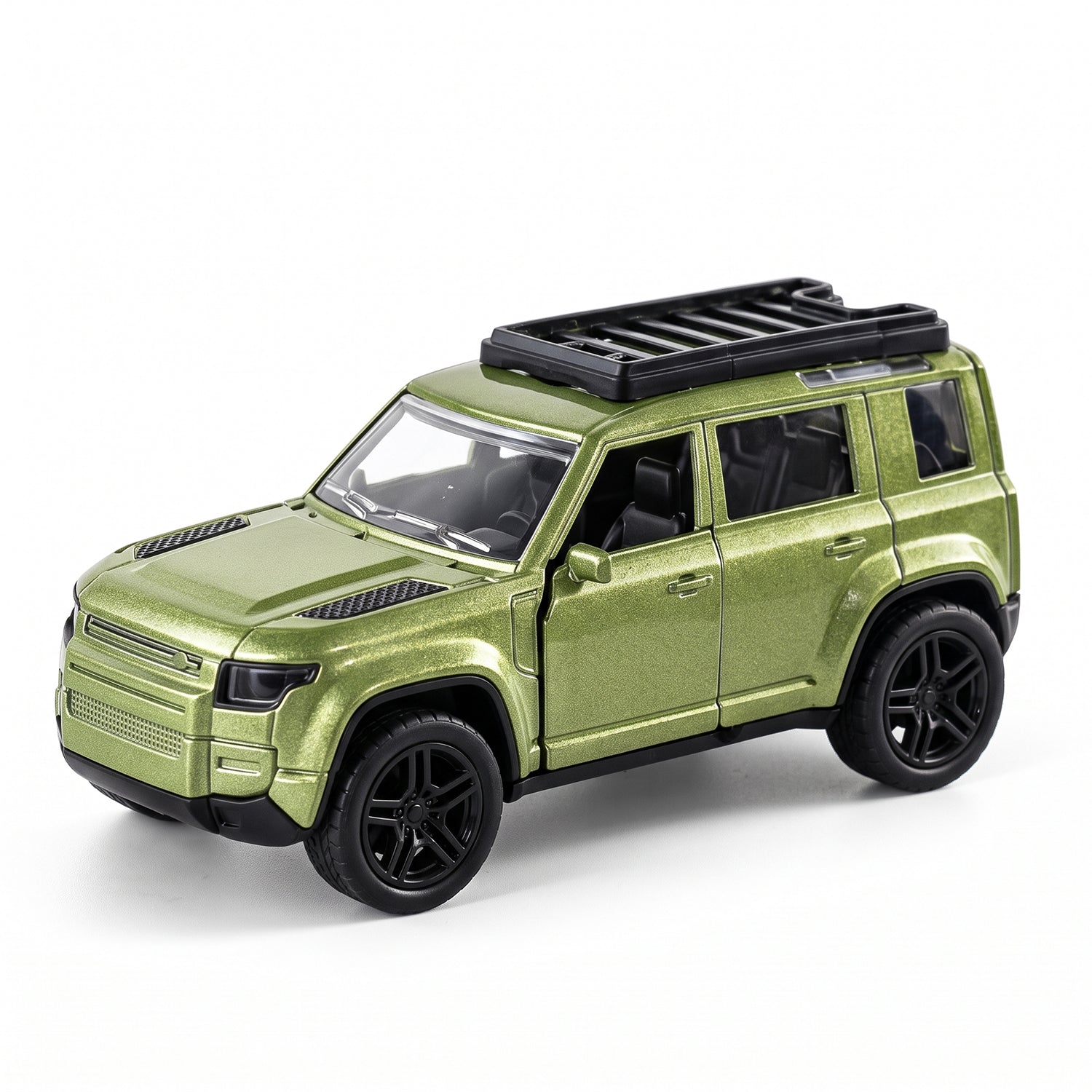 A metallic green die-cast SUV toy with a black roof rack and dark wheels is presented on a white background.