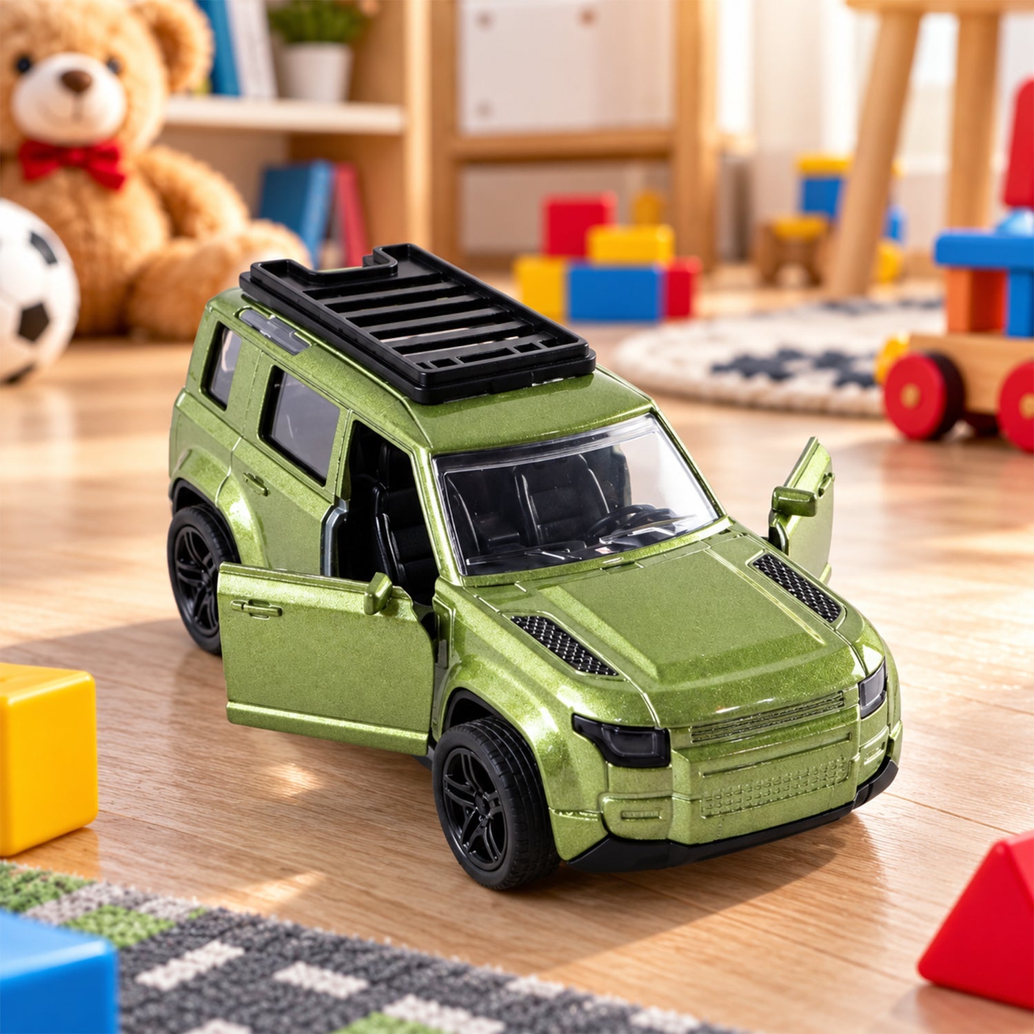 A metallic green die-cast SUV toy with all four doors open is on a wooden floor surrounded by colorful blocks.