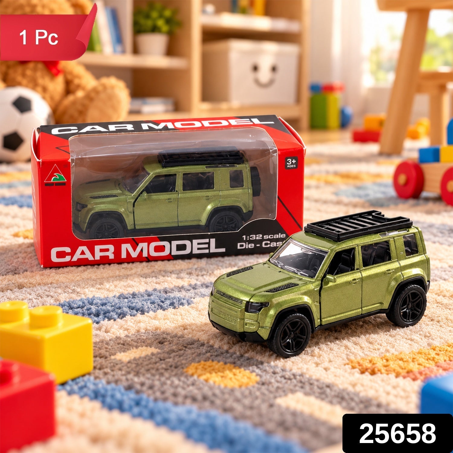 A green die-cast SUV toy and its red packaging box are displayed on a colorful striped rug with building blocks.