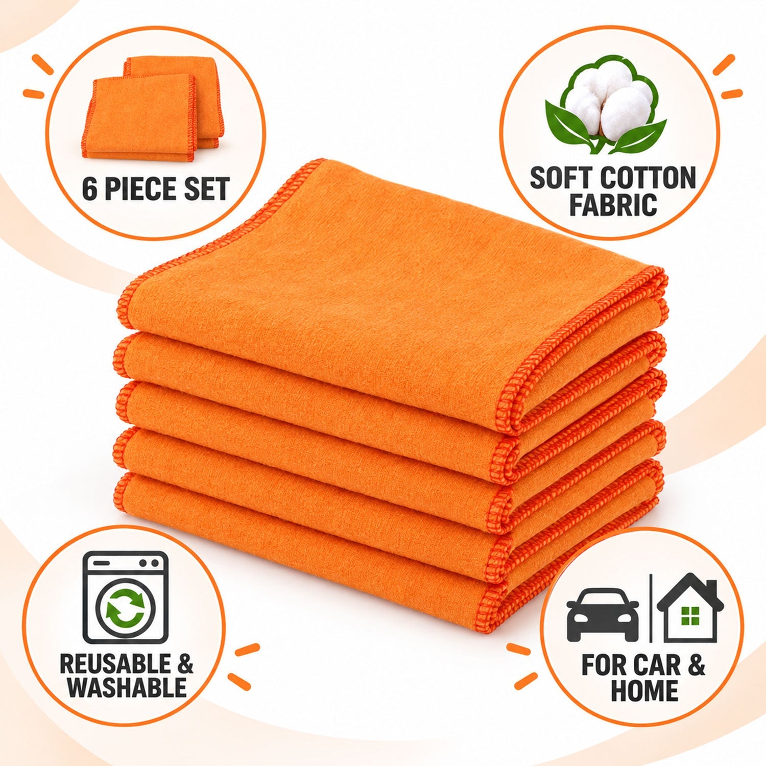 A stack of six orange microfiber cloths with icons for 6-piece set, soft cotton, reusable, washable, car, and home use.