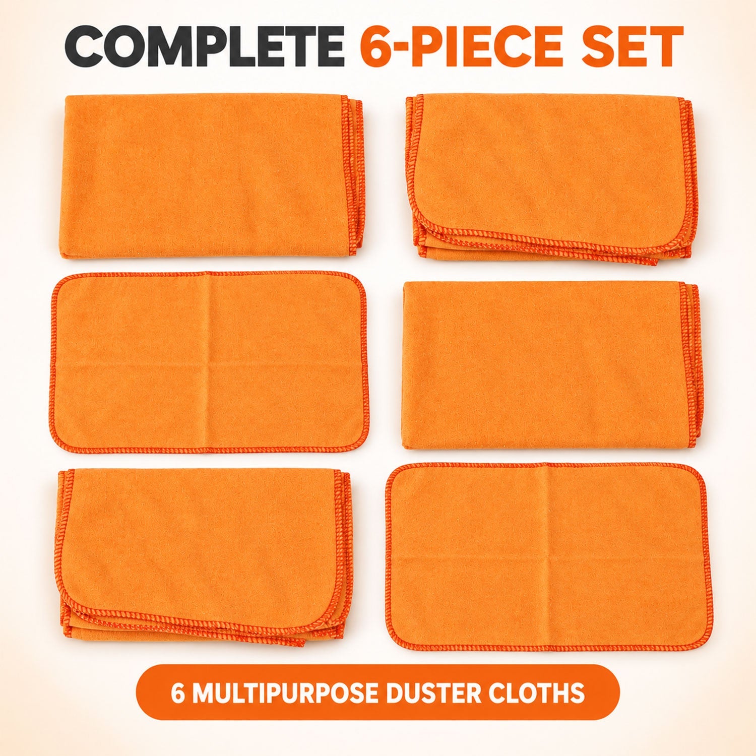 Six orange microfiber cloths arranged in two rows of three, some folded, some flat, on a light background.
