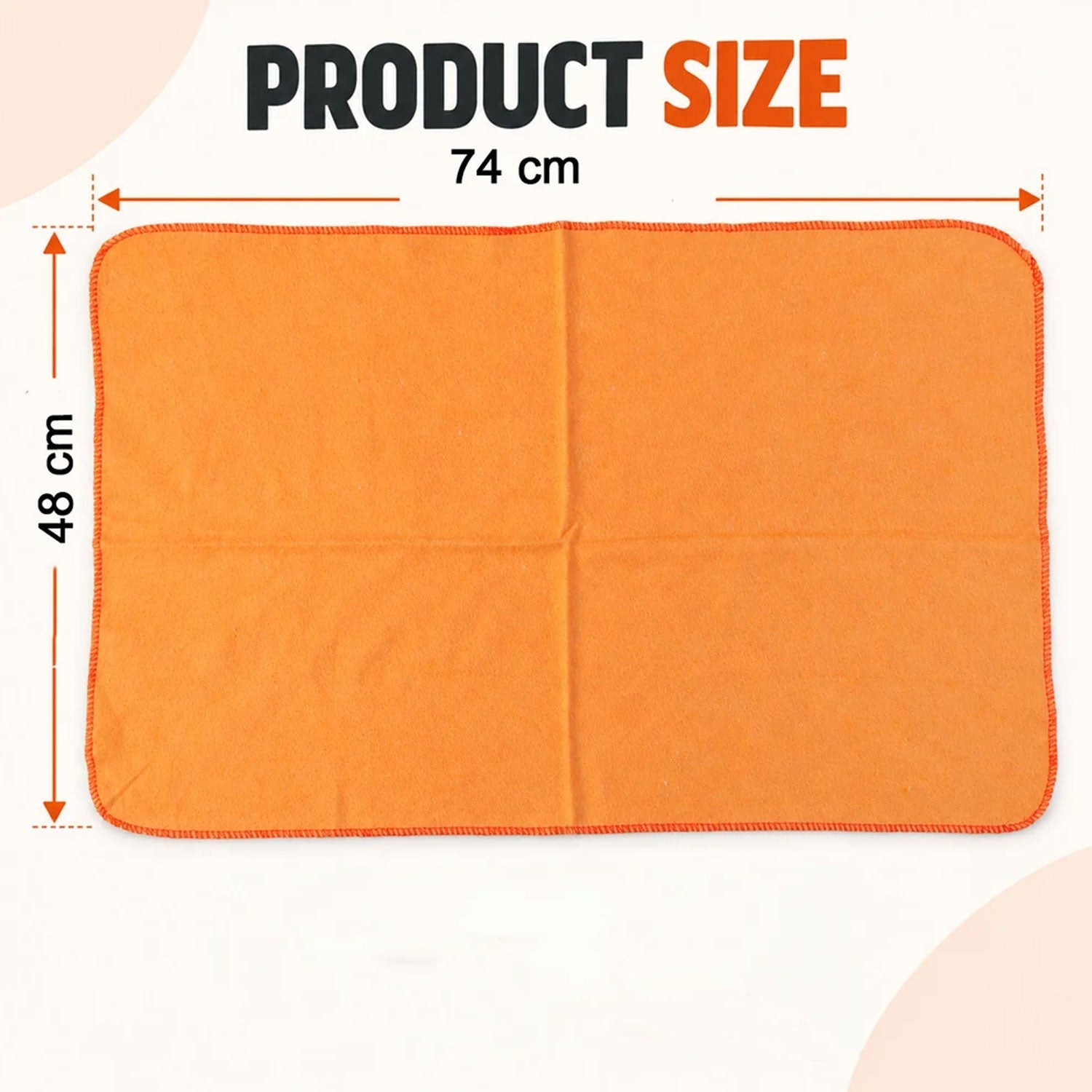 An orange microfiber cloth laid flat, displaying its dimensions of 74 cm by 48 cm.