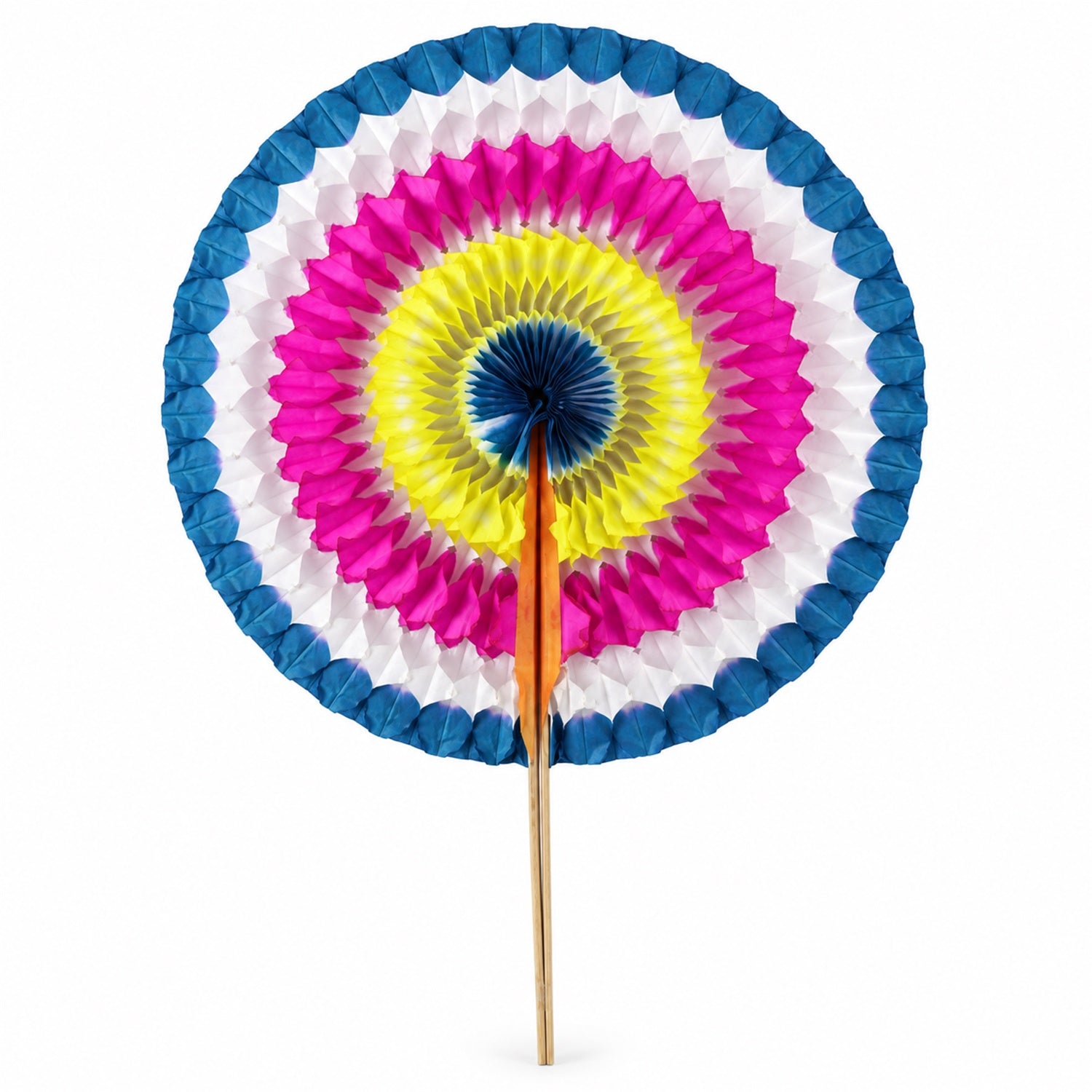 A fully open, circular paper hand fan with a wooden handle, featuring concentric rings of blue, white, pink, yellow, and