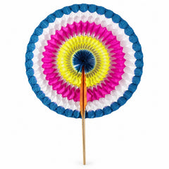 A fully open, circular paper hand fan with a wooden handle, featuring concentric rings of blue, white, pink, yellow, and