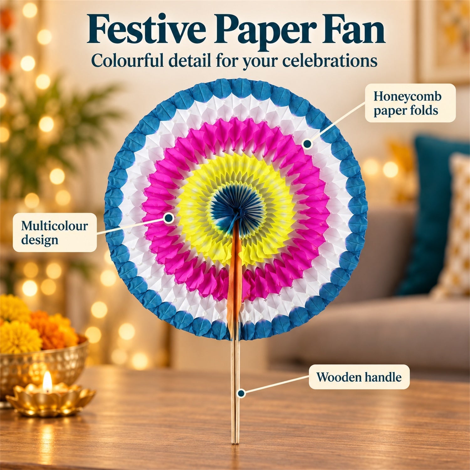A festive paper fan highlighting its multicolour design, honeycomb paper folds, and wooden handle, set against a blurred