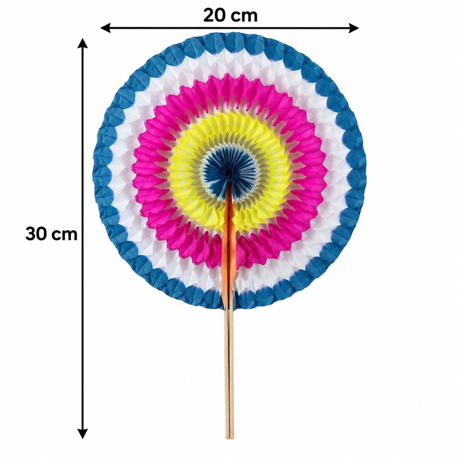 A colourful paper hand fan with dimensions indicated: 20 cm width and 30 cm height, against a plain white background.