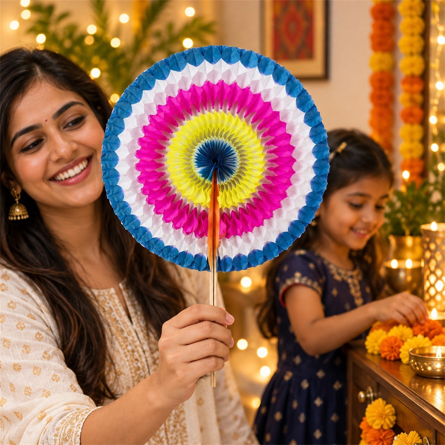 A joyful woman holding a bright paper hand fan, with a young girl in the background arranging marigold flowers and diyas.