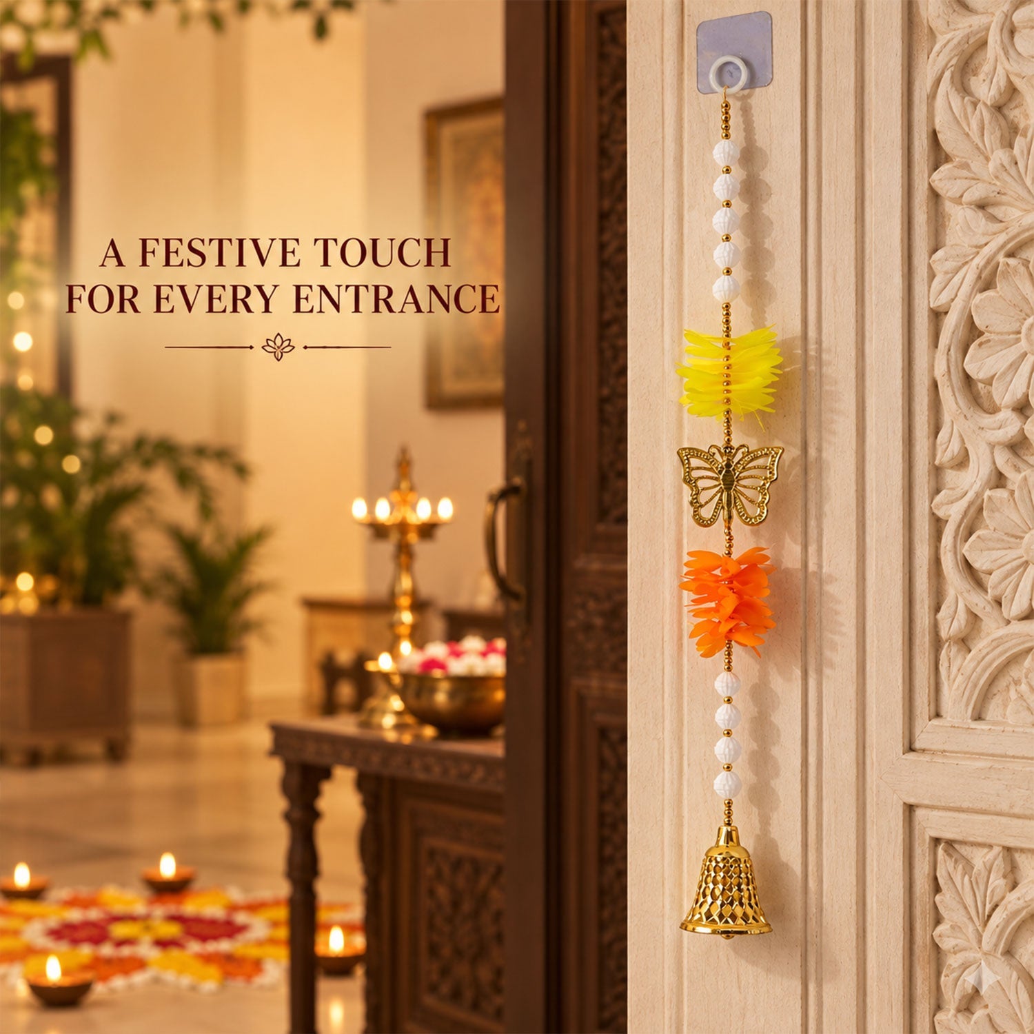A single door hanging with yellow and orange floral elements, a golden butterfly, and a bell, affixed to a white door in a