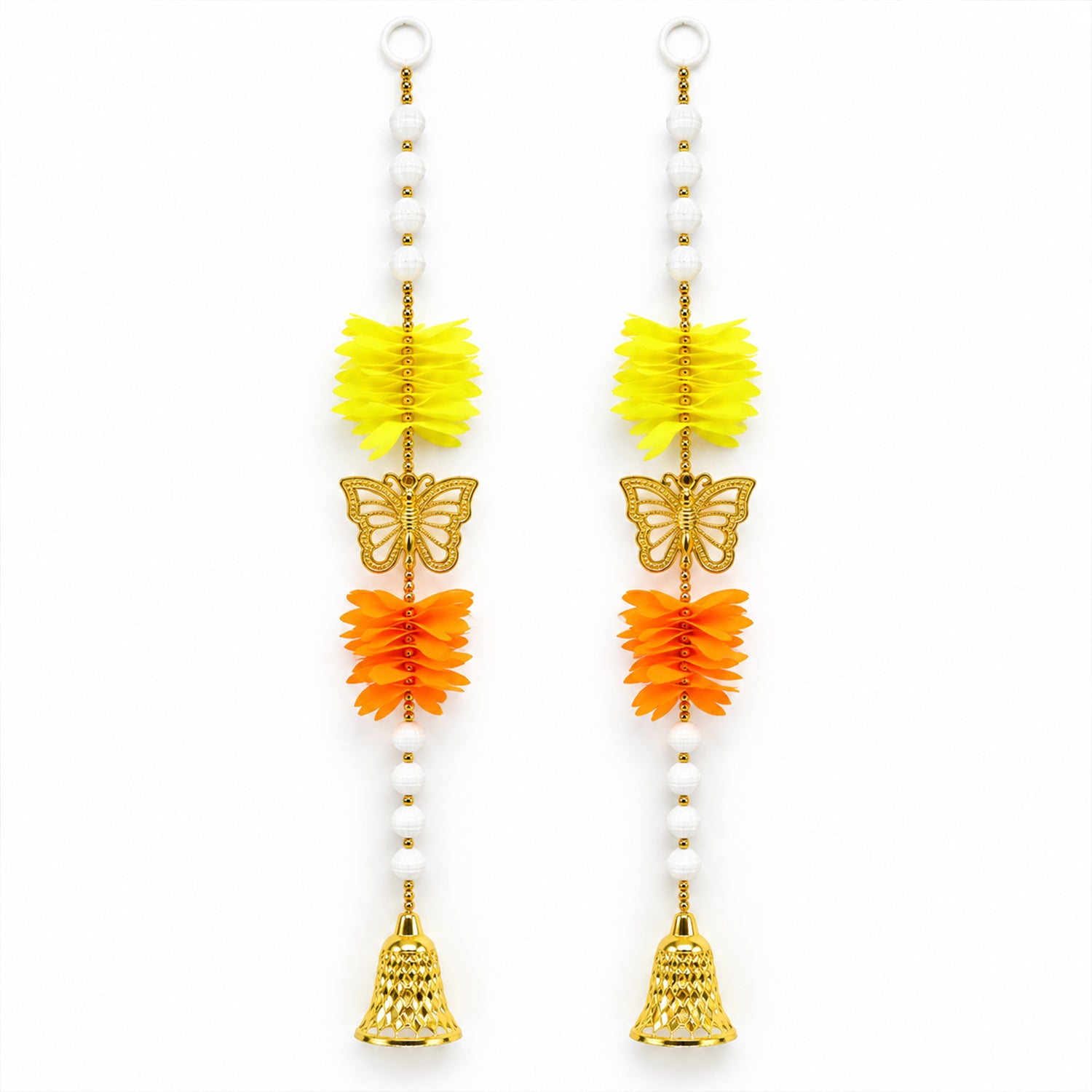 Two identical door hangings, each with yellow and orange accordion-fold flowers, a golden butterfly, and a bell, arranged