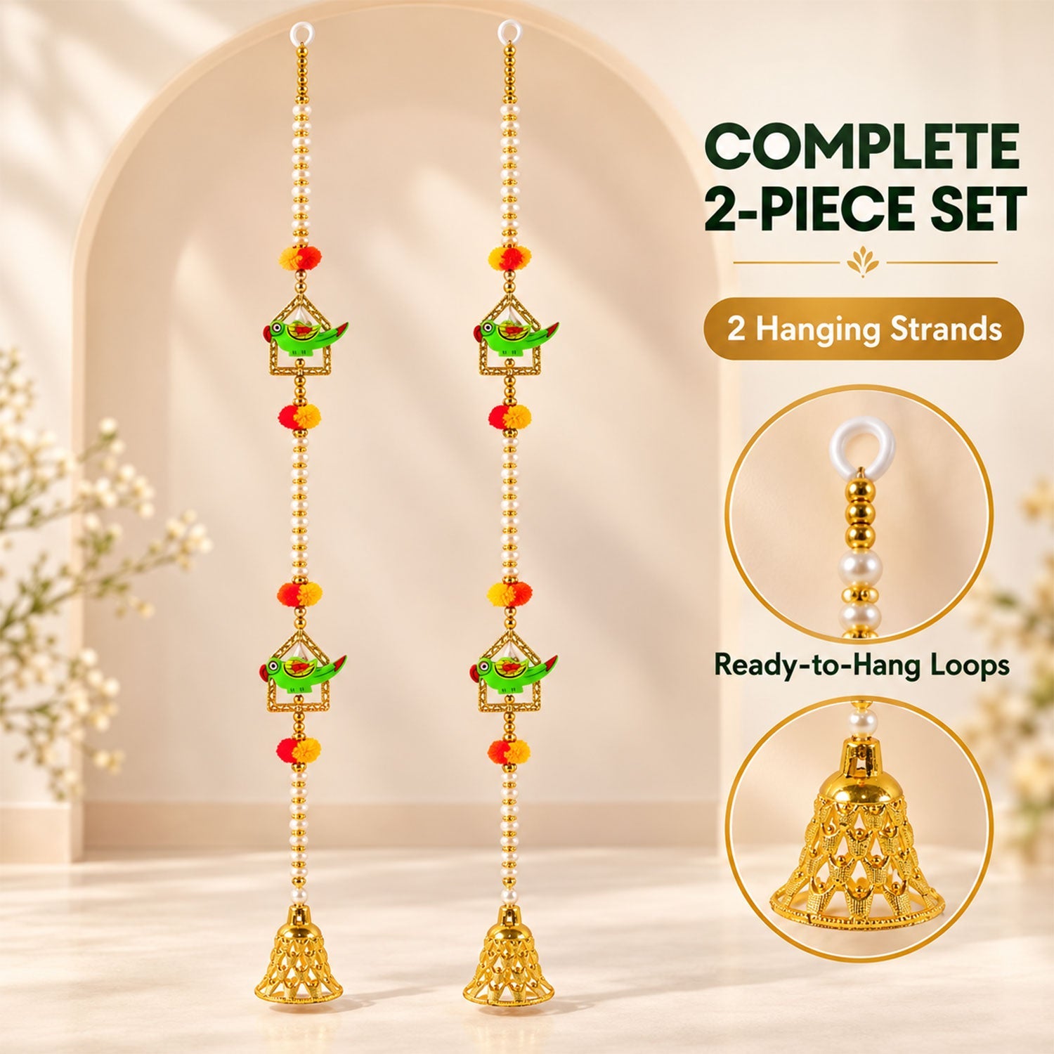 A complete 2-piece set of decorative door hangings, showing ready-to-hang loops and a detailed golden bell.