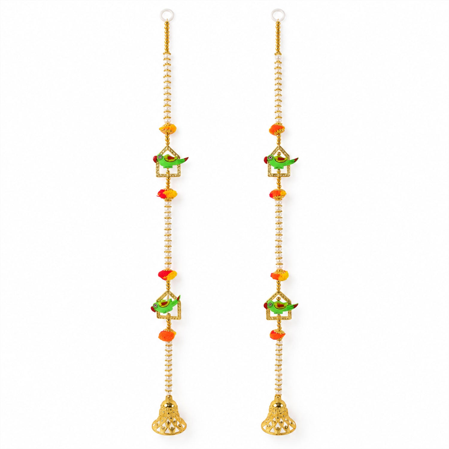 Two identical door hangings with white pearls, green parrots, orange pom-poms, and golden bells on a white background.