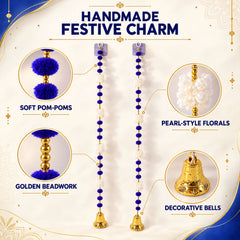 A diagram showcasing two blue and white decorative strands with golden bells, highlighting soft pom-poms, pearl-style