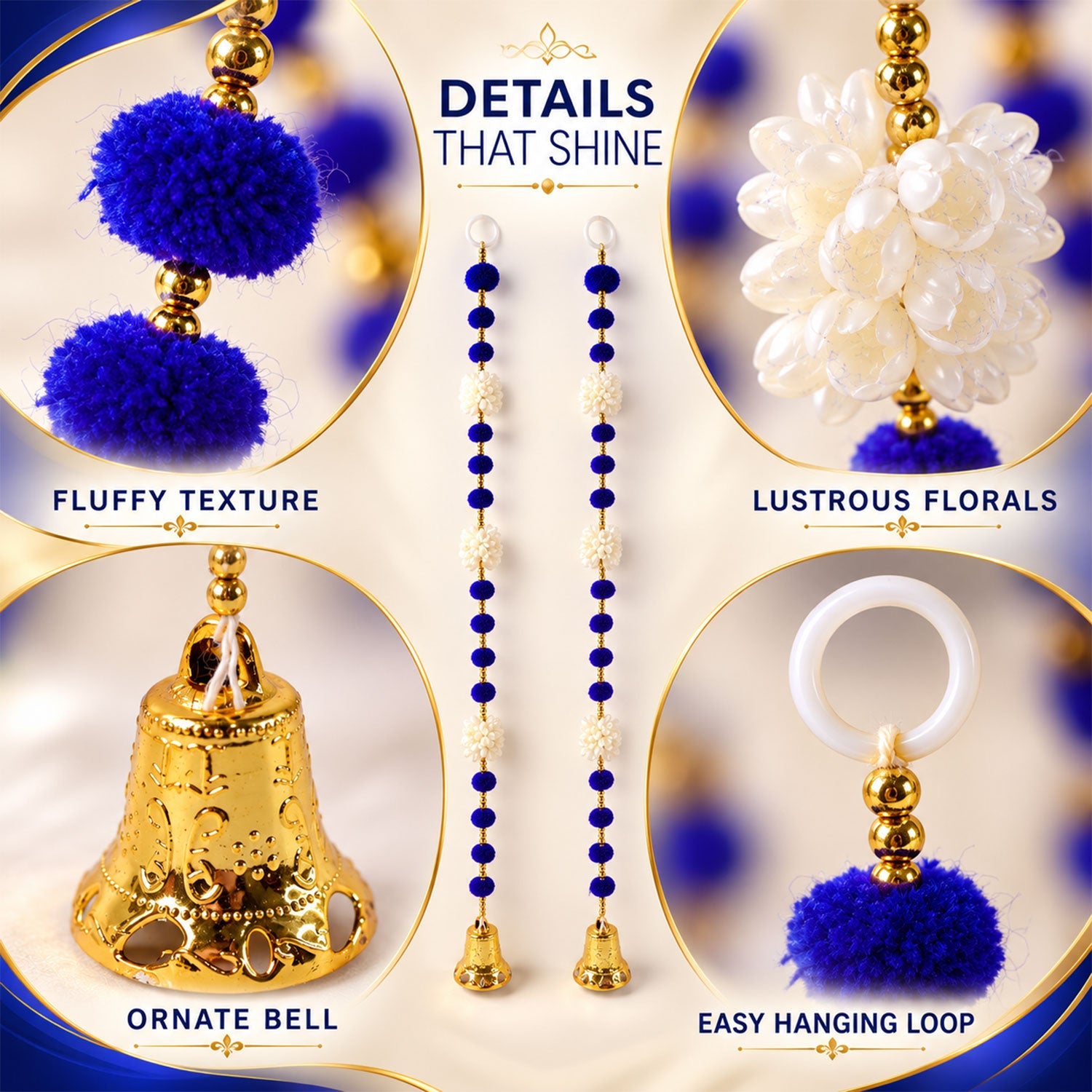 A detailed view of the decorative hanging elements, including fluffy blue pom-poms, lustrous white florals, an ornate golden