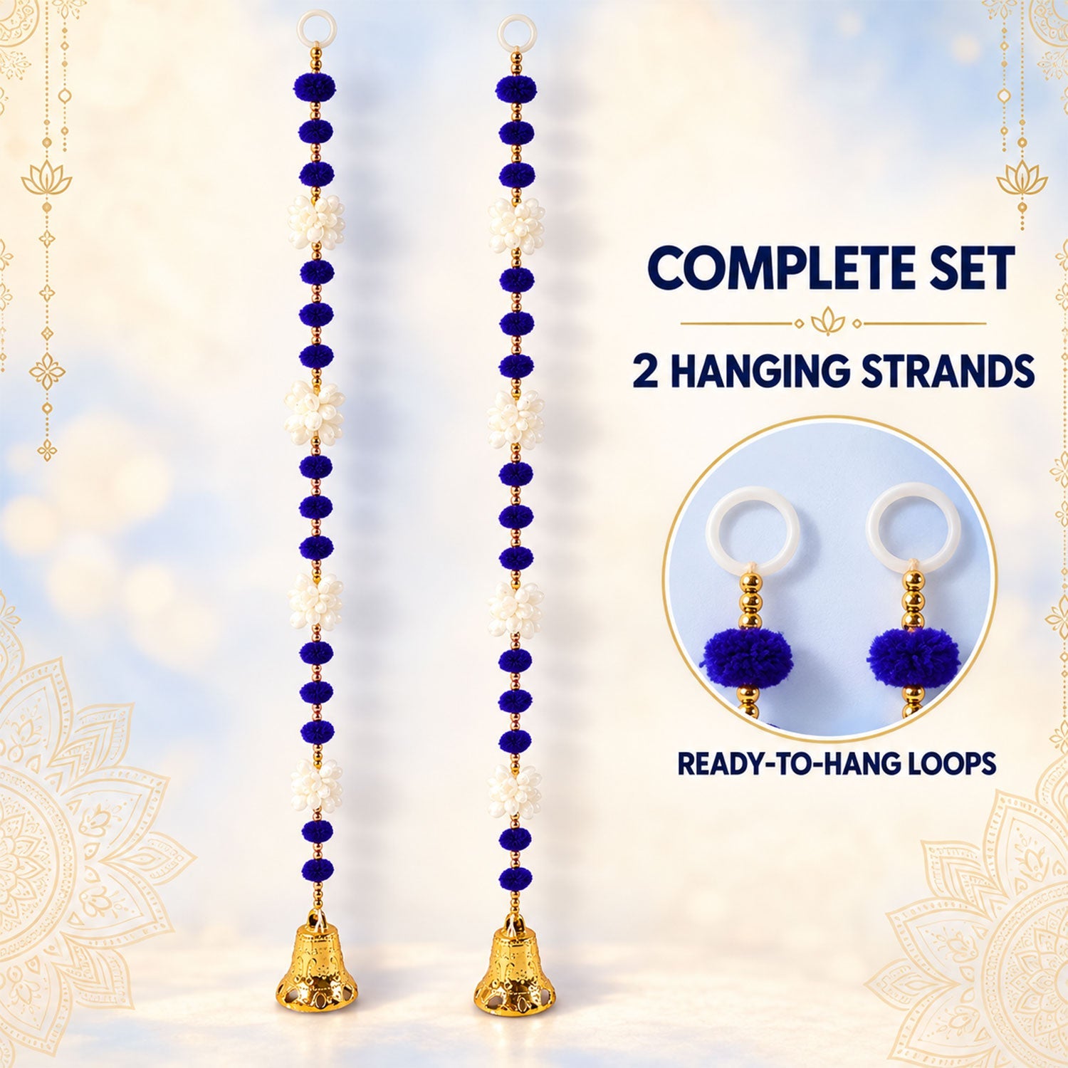 Two complete decorative hanging strands with blue pom-poms, white flowers, and golden bells, alongside an inset showing