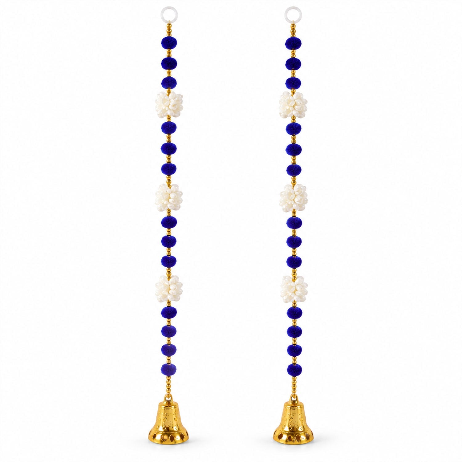 Two identical decorative hangings, each featuring blue pom-poms, white floral shapes, and a golden bell, are displayed on a