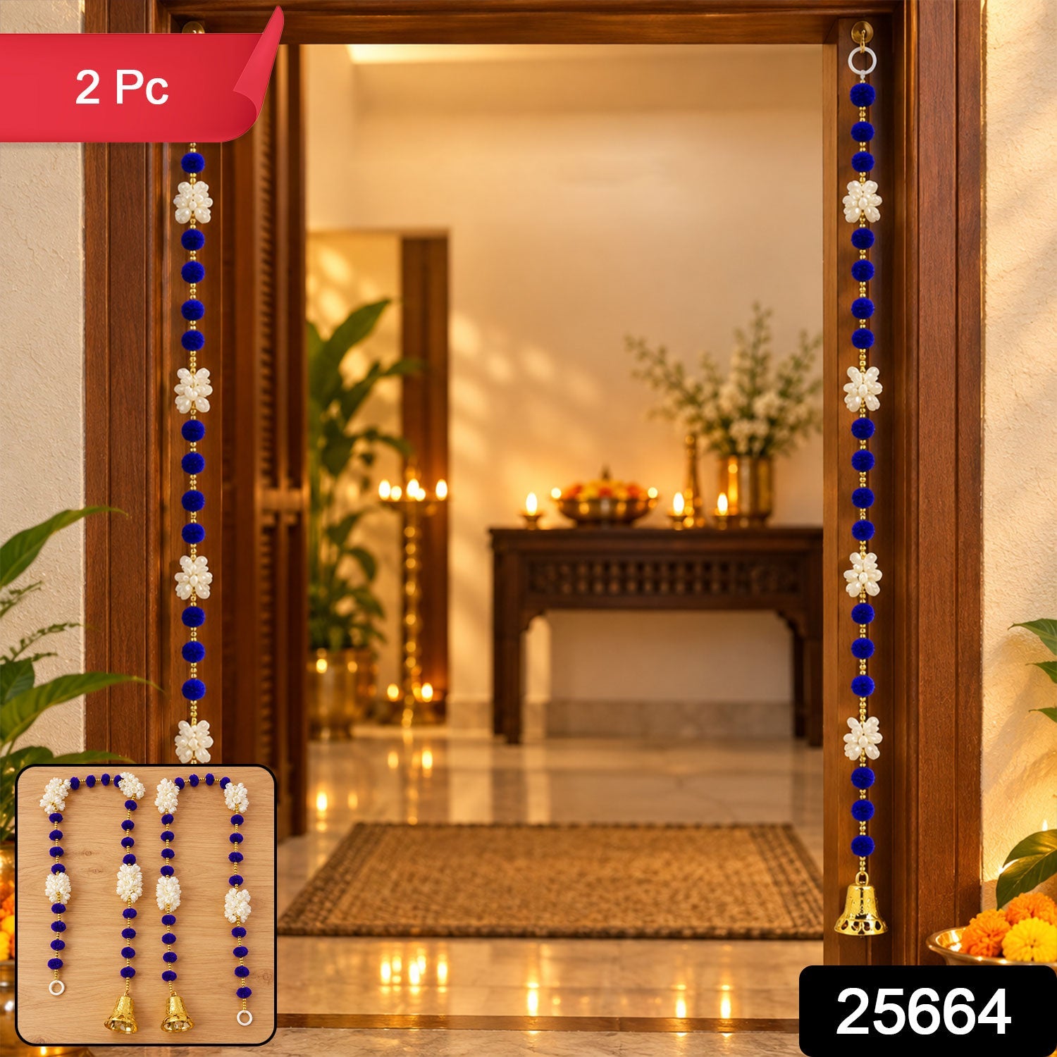 Two decorative hangings, one on each side of a wooden door frame, feature blue pom-poms, white floral accents, and golden