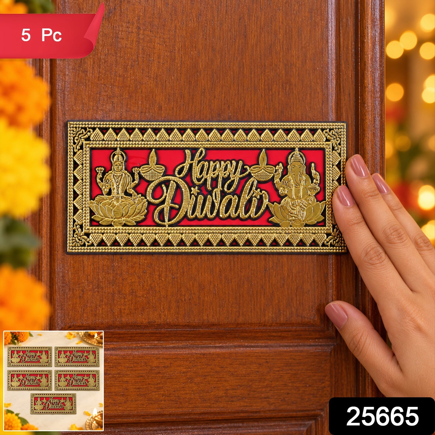 Five identical red and gold Happy Diwali plaques are arranged on a light surface with scattered orange petals and brass oil
