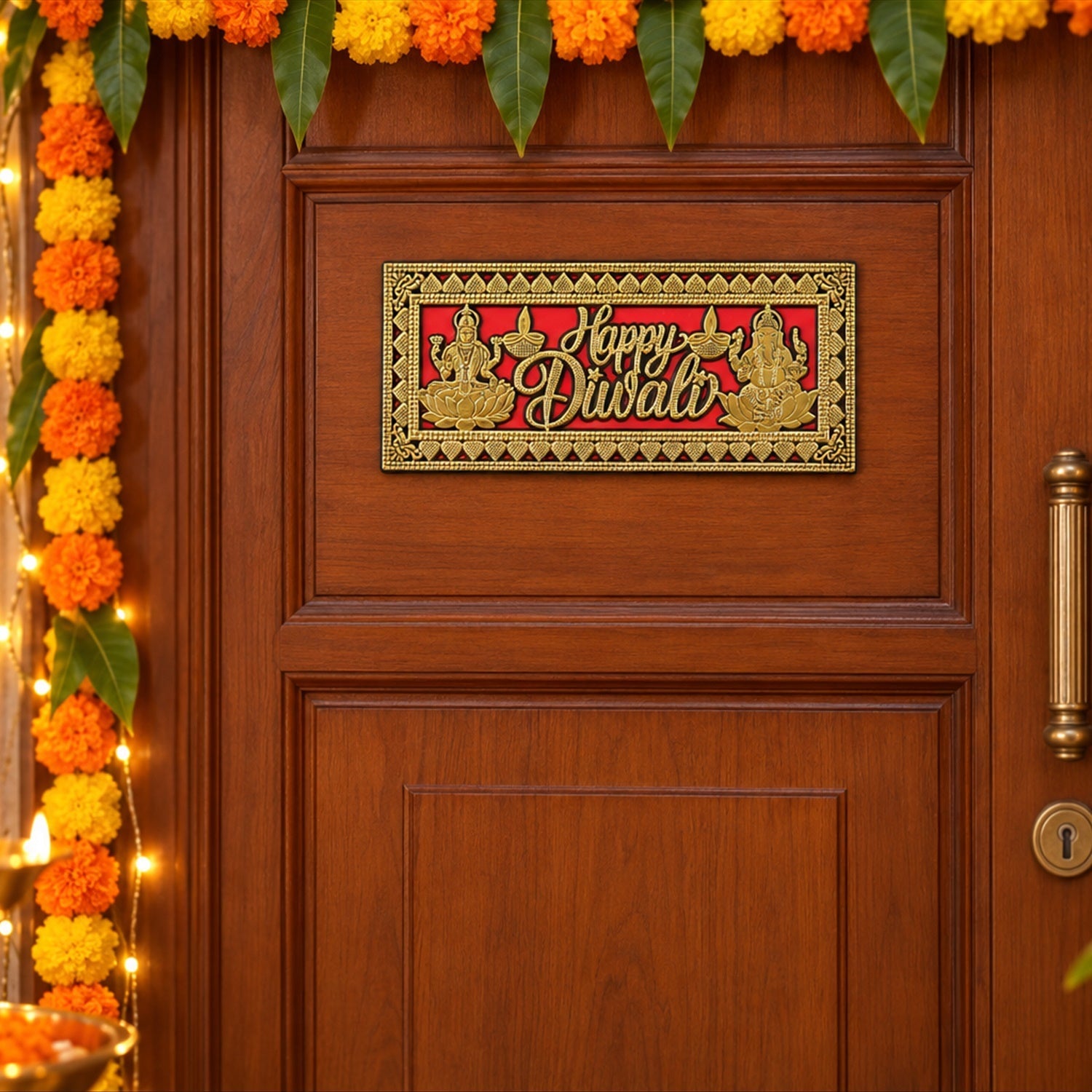 A red and gold Happy Diwali plaque with Lakshmi and Ganesha motifs, gold detailing, and an ornate border is highlighted.