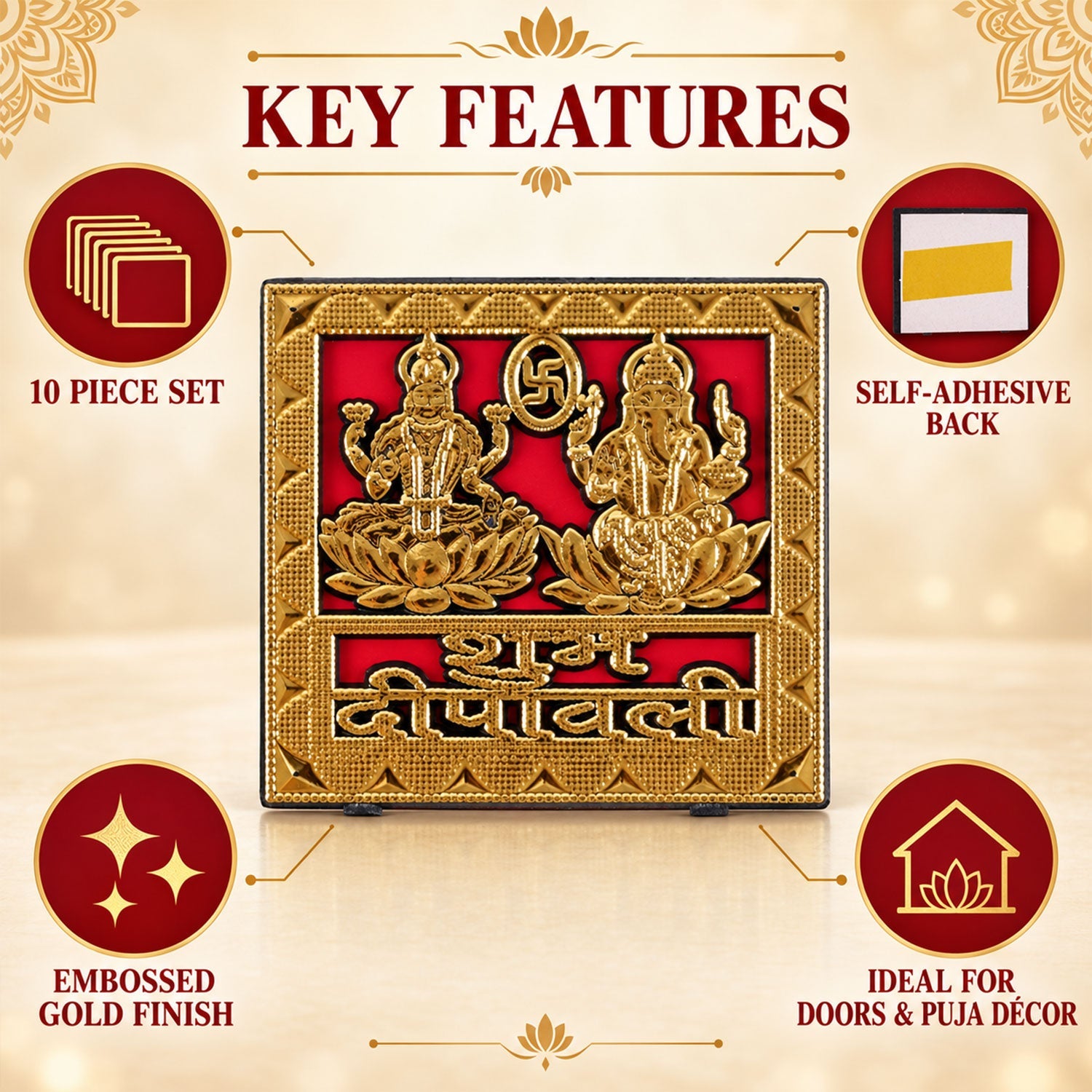 A square golden sticker with Lakshmi and Ganesha, detailing its 10-piece set, embossed gold finish, and self-adhesive