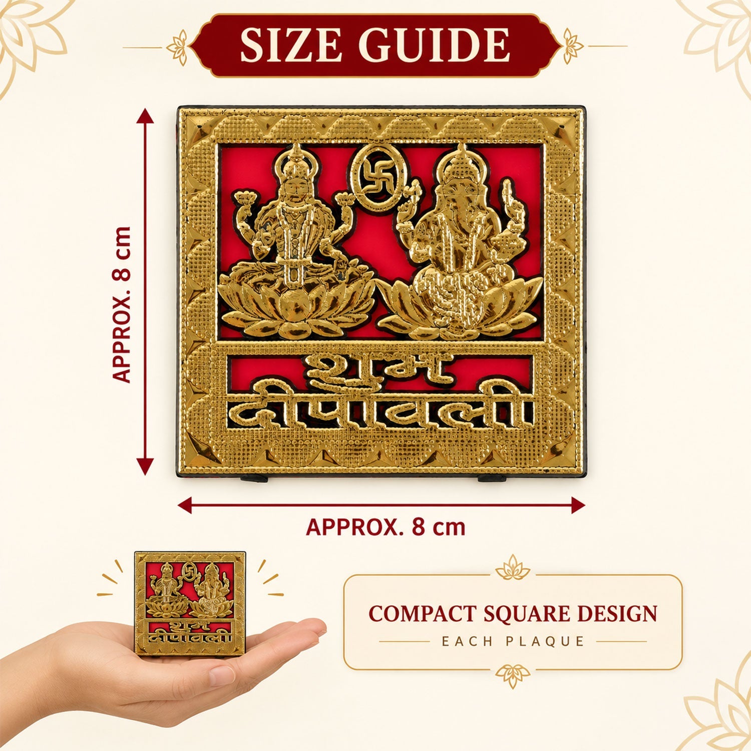 A square golden sticker with Lakshmi and Ganesha is shown with dimensions of approximately 8 cm by 8 cm, held in a hand.