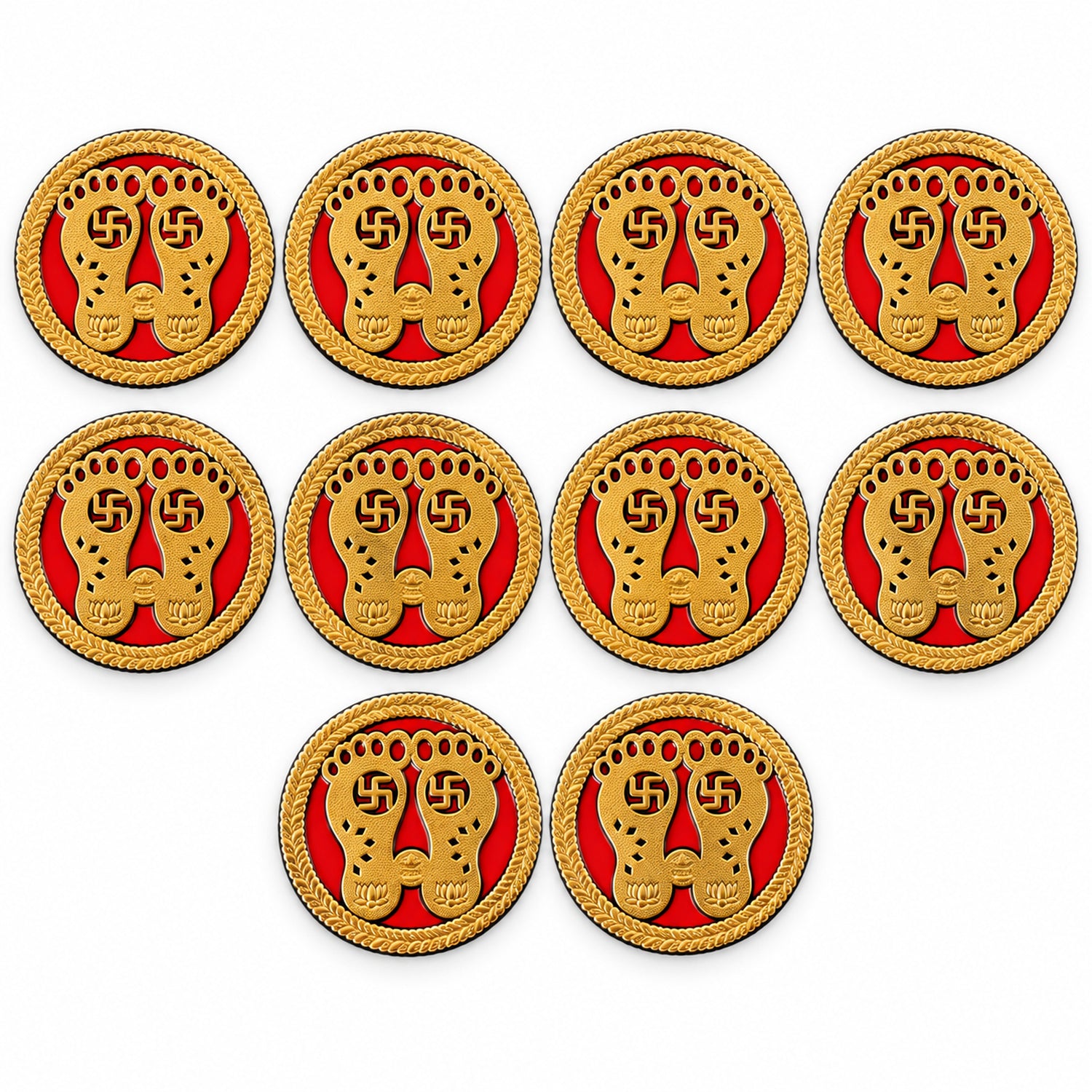 Ten golden Lakshmi Charan stickers with red backgrounds and braided gold borders arranged in rows on a white surface.