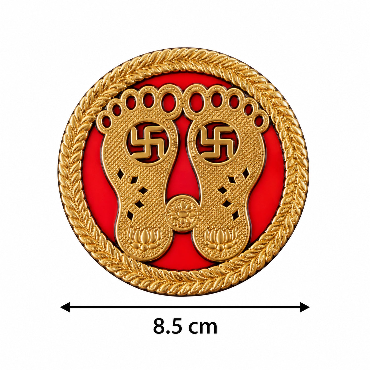A single golden Lakshmi Charan sticker with a red background and braided gold border, showing a measurement of 8.5 cm