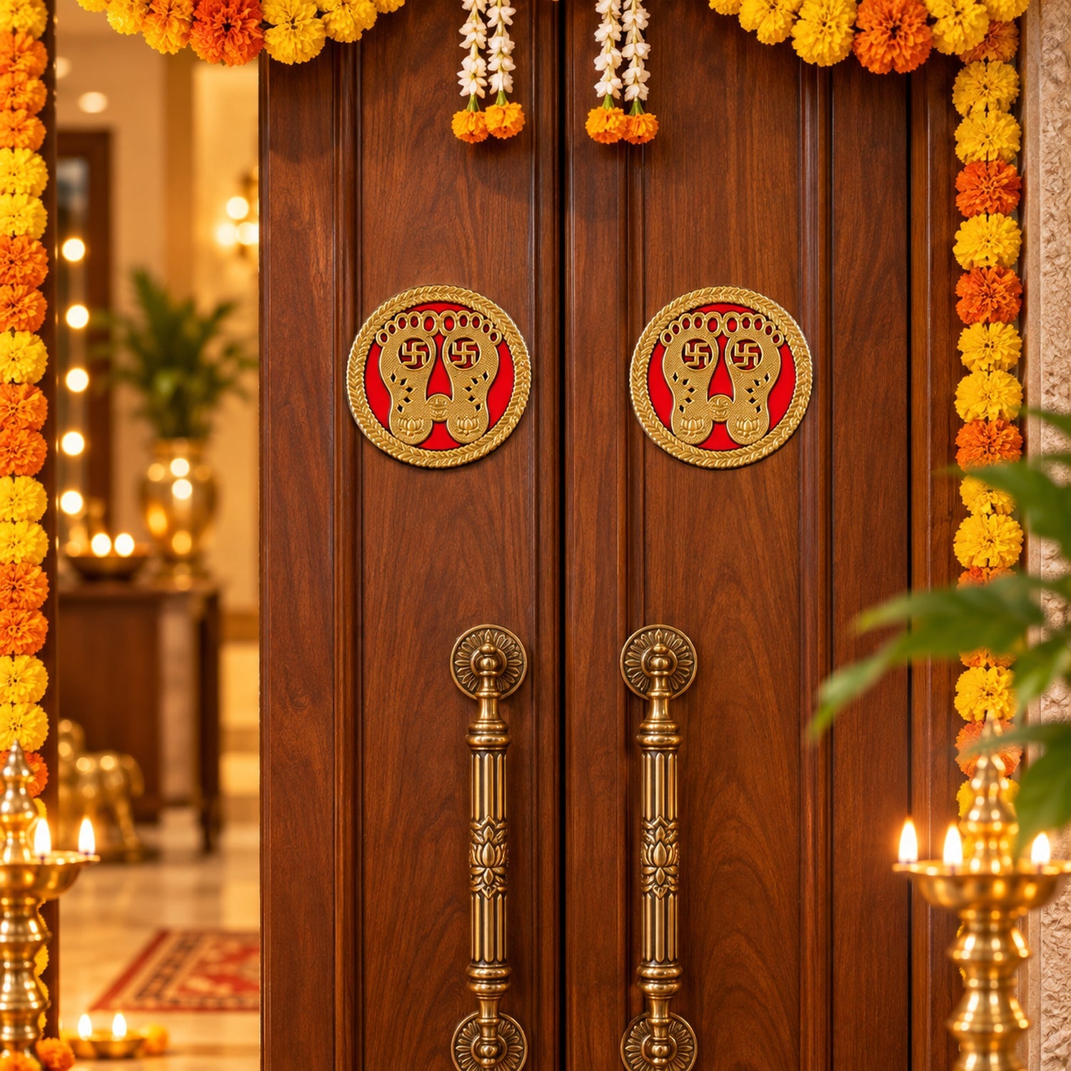 Two golden Lakshmi Charan stickers adorn a double wooden door, framed by vibrant marigold garlands and warm candlelight.