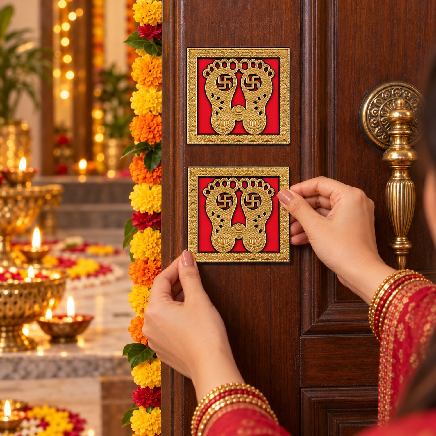 A person adheres a golden Lakshmi Charan sticker to a wooden door, surrounded by marigold garlands and glowing diyas.