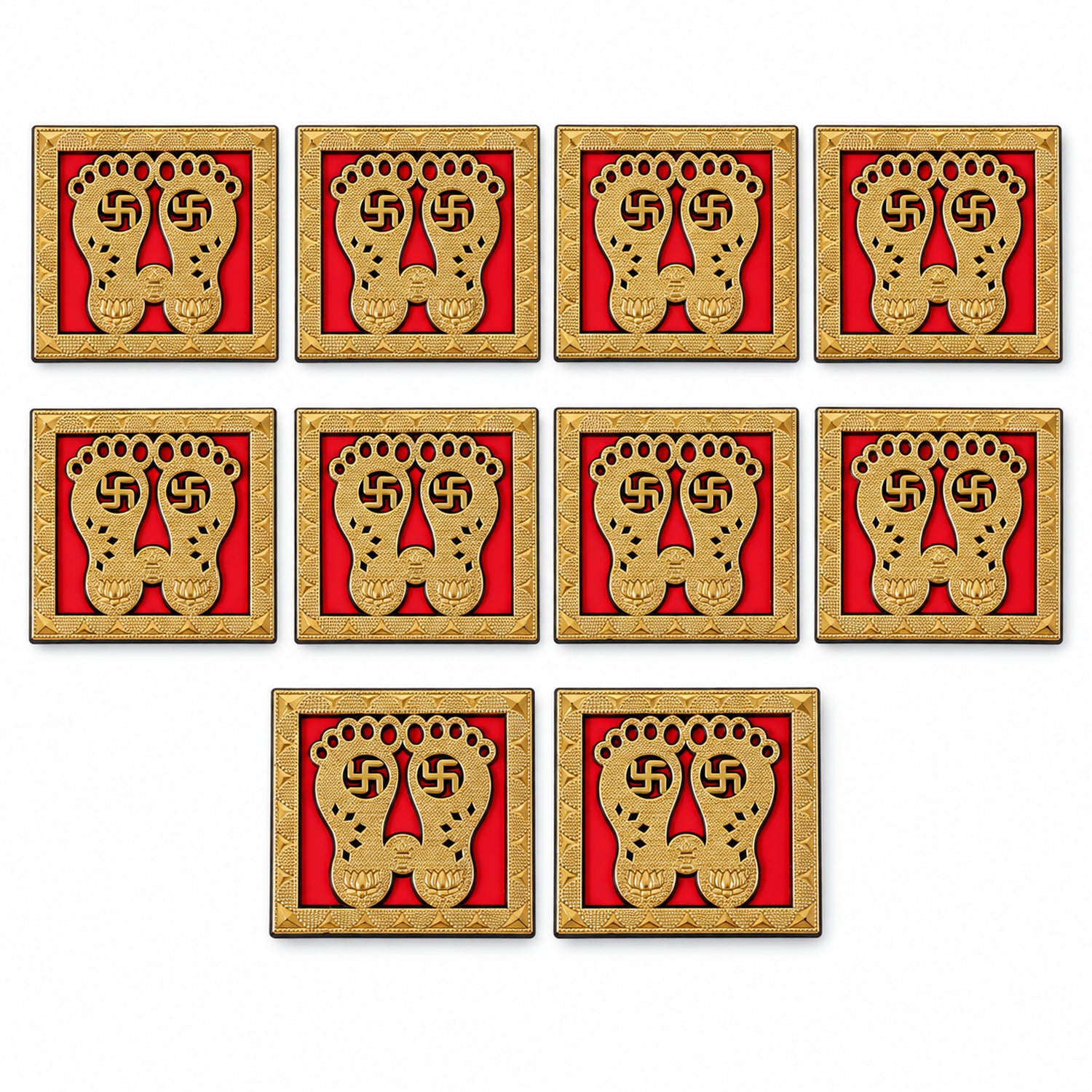 Ten golden Lakshmi Charan stickers are neatly arranged in rows on a clean white background, showcasing their intricate