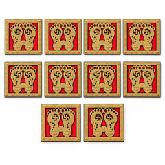 Ten golden Lakshmi Charan stickers are neatly arranged in rows on a clean white background, showcasing their intricate