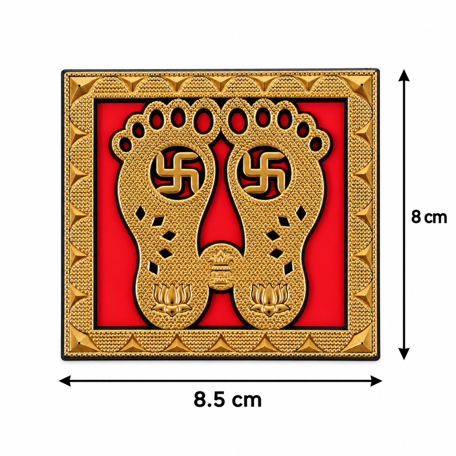 A single golden Lakshmi Charan sticker, 8.5 cm wide and 8 cm long, displays its detailed footprint design on a red