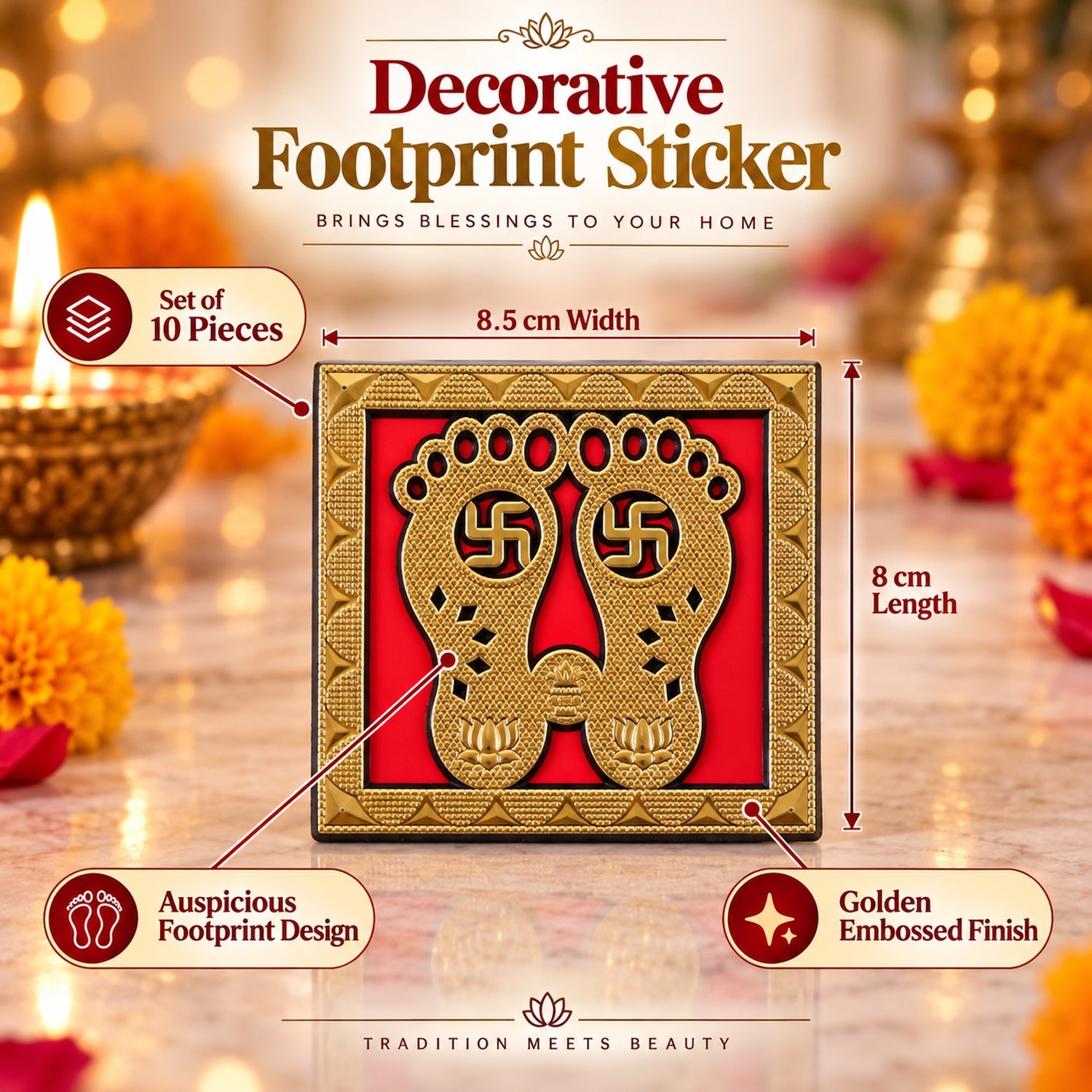 A golden Lakshmi Charan sticker with dimensions 8.5 cm by 8 cm, featuring an embossed finish and auspicious footprint design.