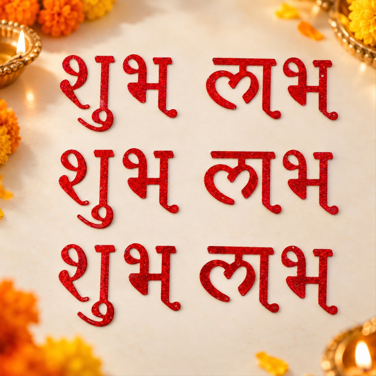 Three pairs of red glitter Shubh Labh stickers arranged on a light surface with marigold flowers.