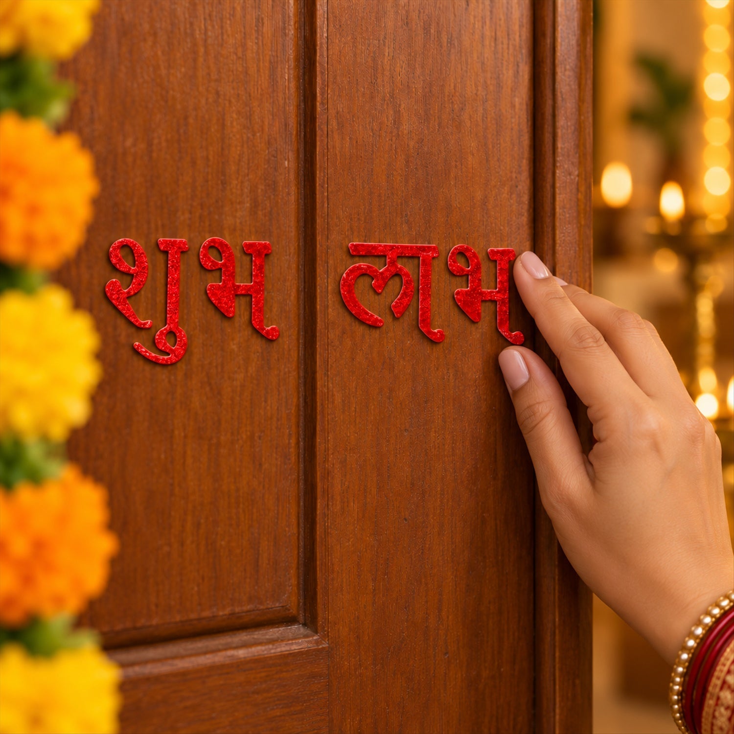 A hand carefully positions a red glitter Shubh sticker onto a polished brown wooden door.