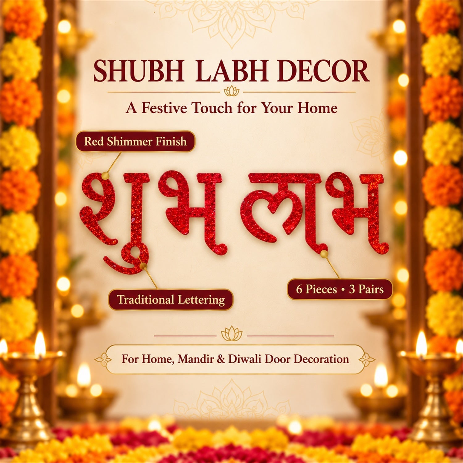 A promotional graphic showcasing red glitter Shubh Labh decor with traditional lettering and festive elements.