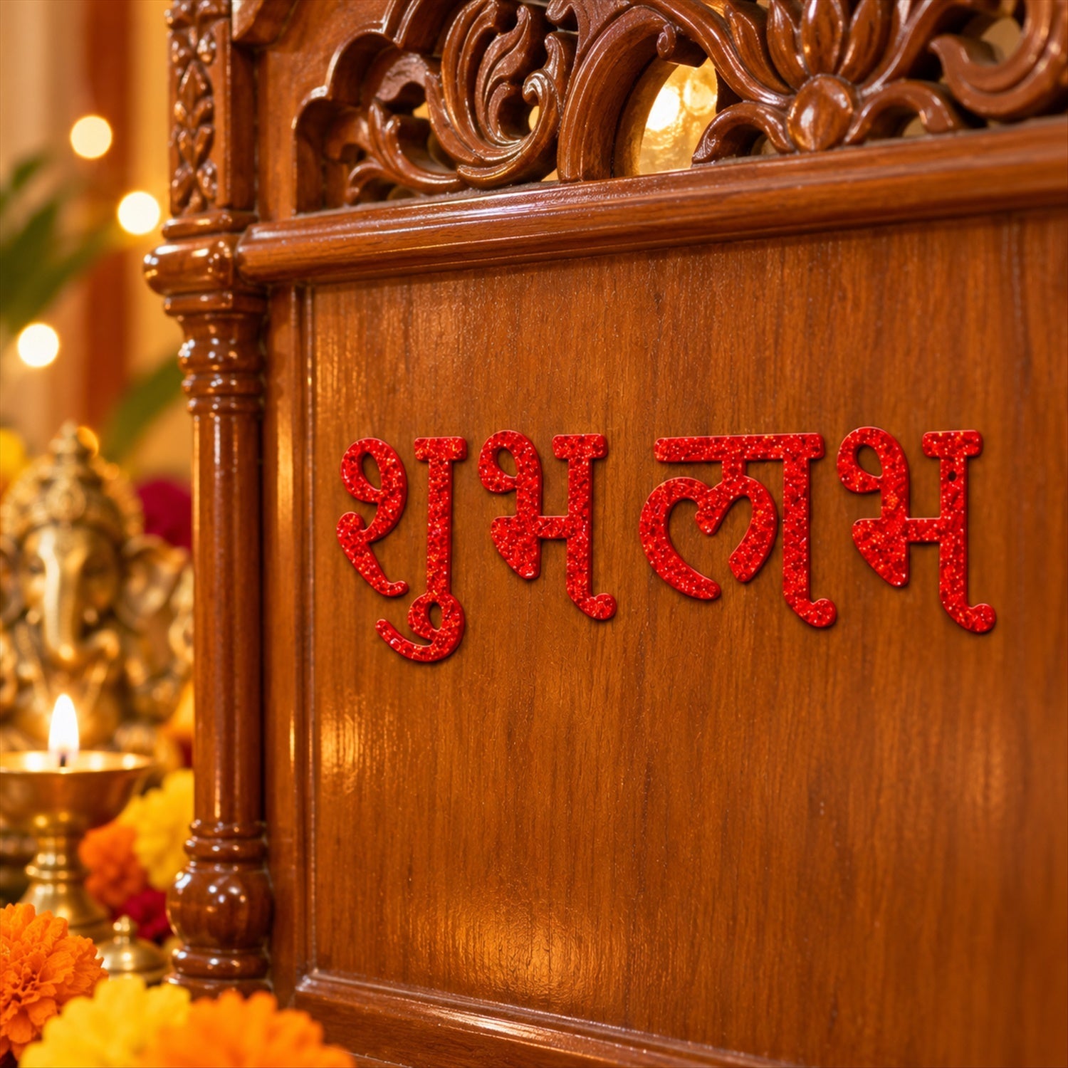 Red glitter Shubh Labh stickers adorn a carved wooden temple or altar, with a glowing lamp nearby.