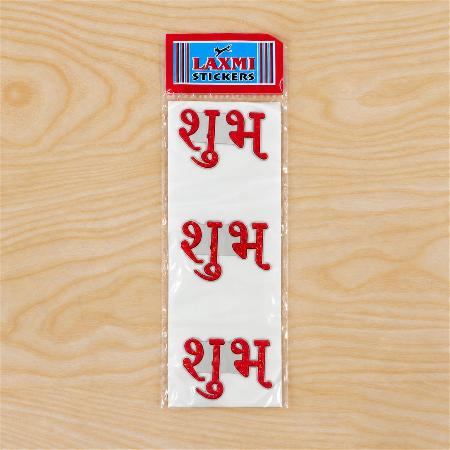 Red glitter Shubh Labh stickers with measurement guide