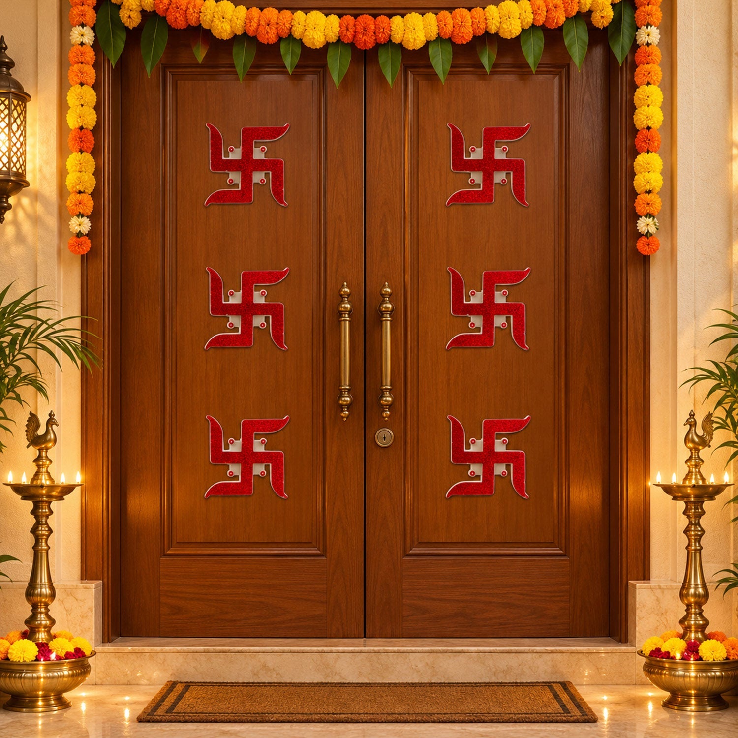 Six red glitter swastik stickers adorn a pair of wooden doors, surrounded by marigold garlands and brass oil lamps.