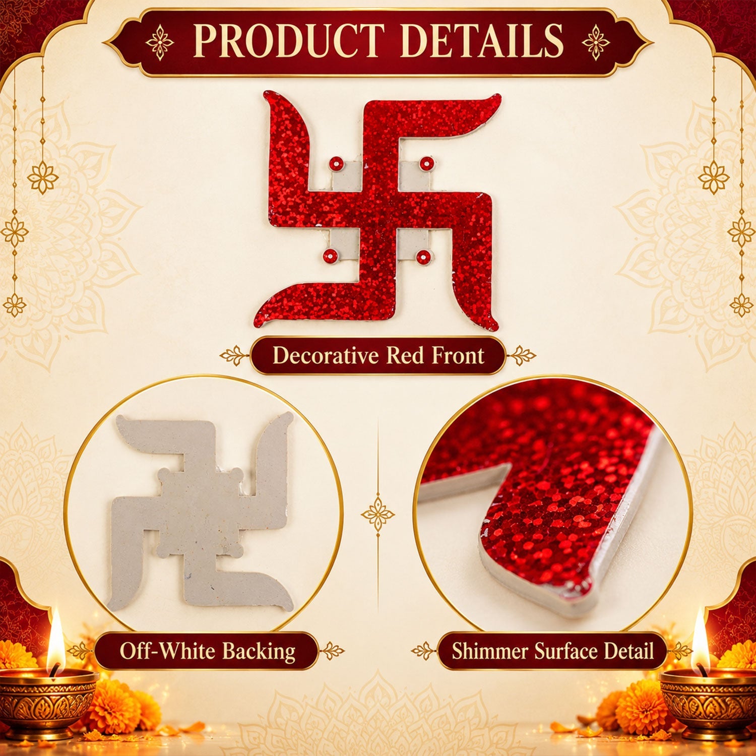 A large red glitter swastik sticker is shown with close-ups of its off-white backing and shimmering surface texture.