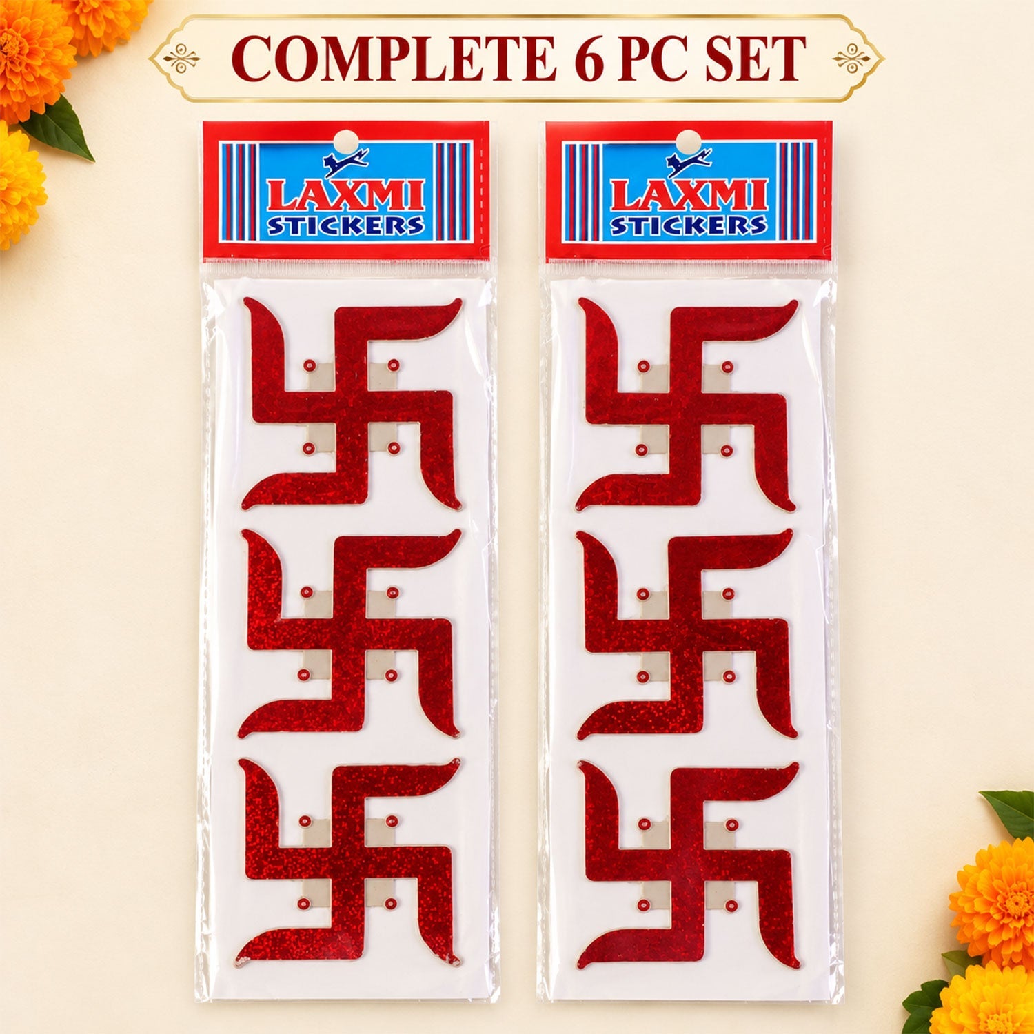 Two clear plastic packages, each containing three red glitter swastik stickers, are displayed on a light background.