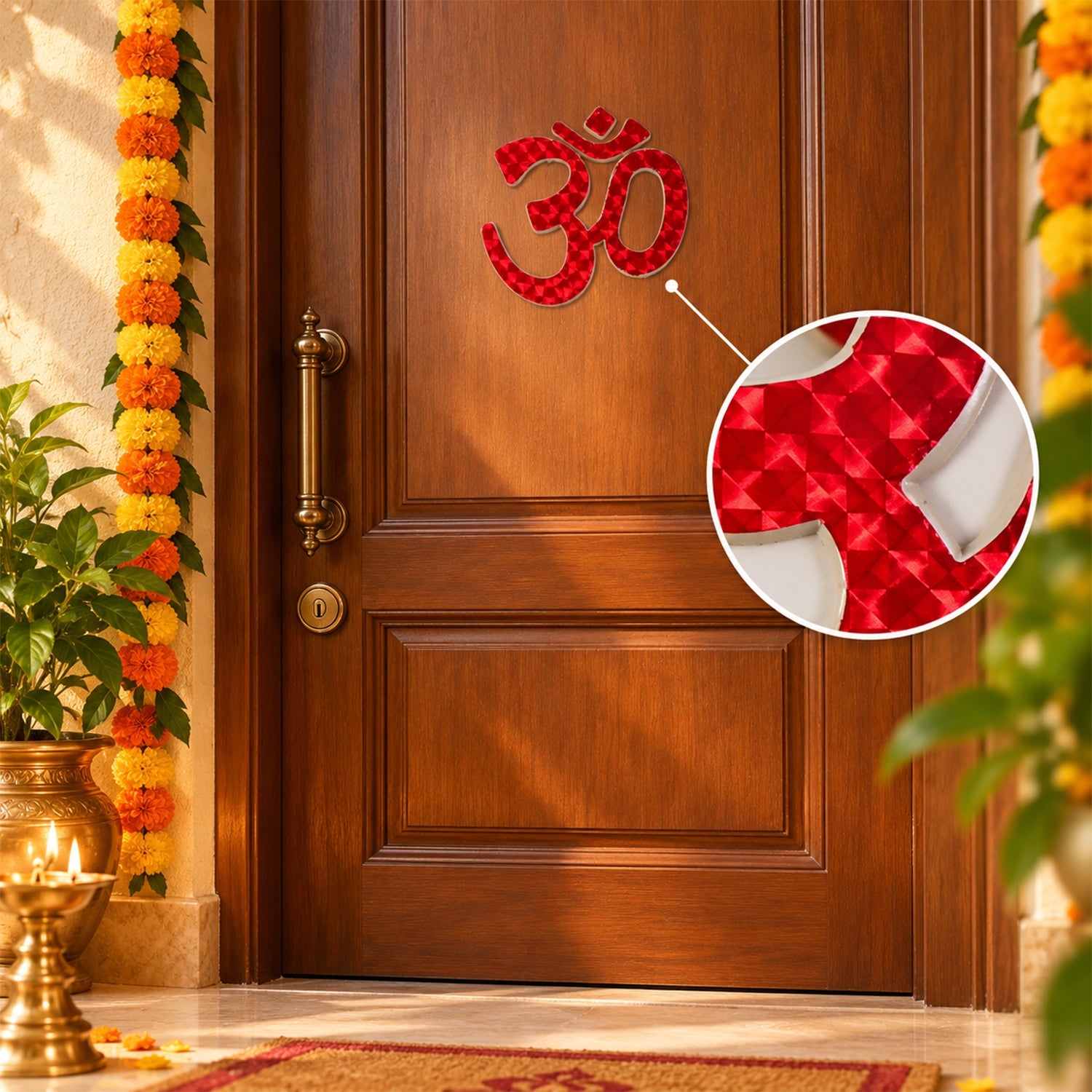 A red Om symbol sticker is centered on a wooden door, with a magnified inset showing its textured surface.