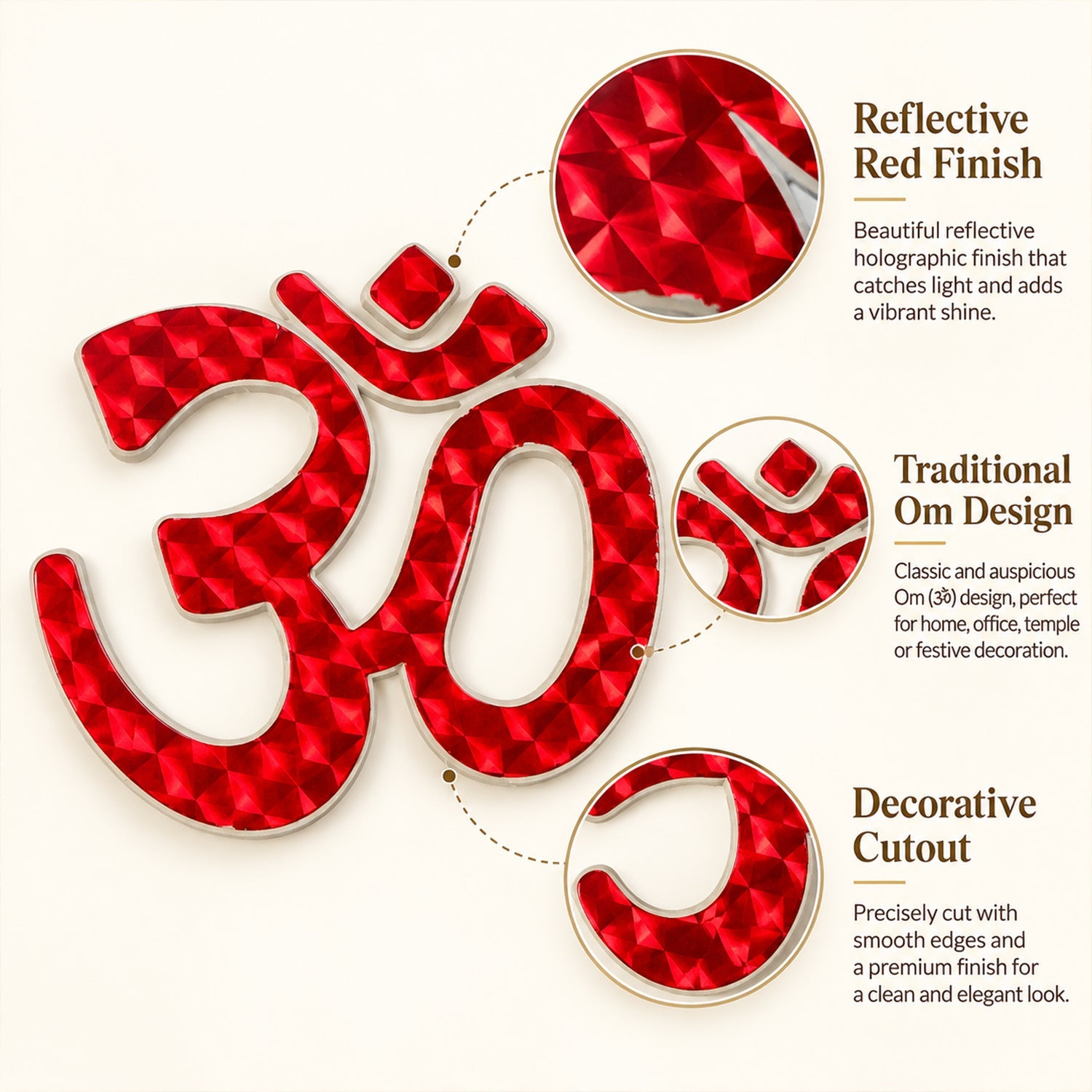 A red Om symbol sticker is displayed with callouts highlighting its reflective finish, traditional design, and decorative