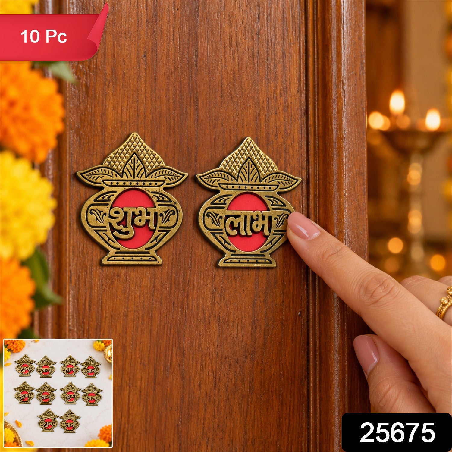 A hand points to a golden Shubh Labh sticker set on a wooden door, with a small inset showing ten stickers.
