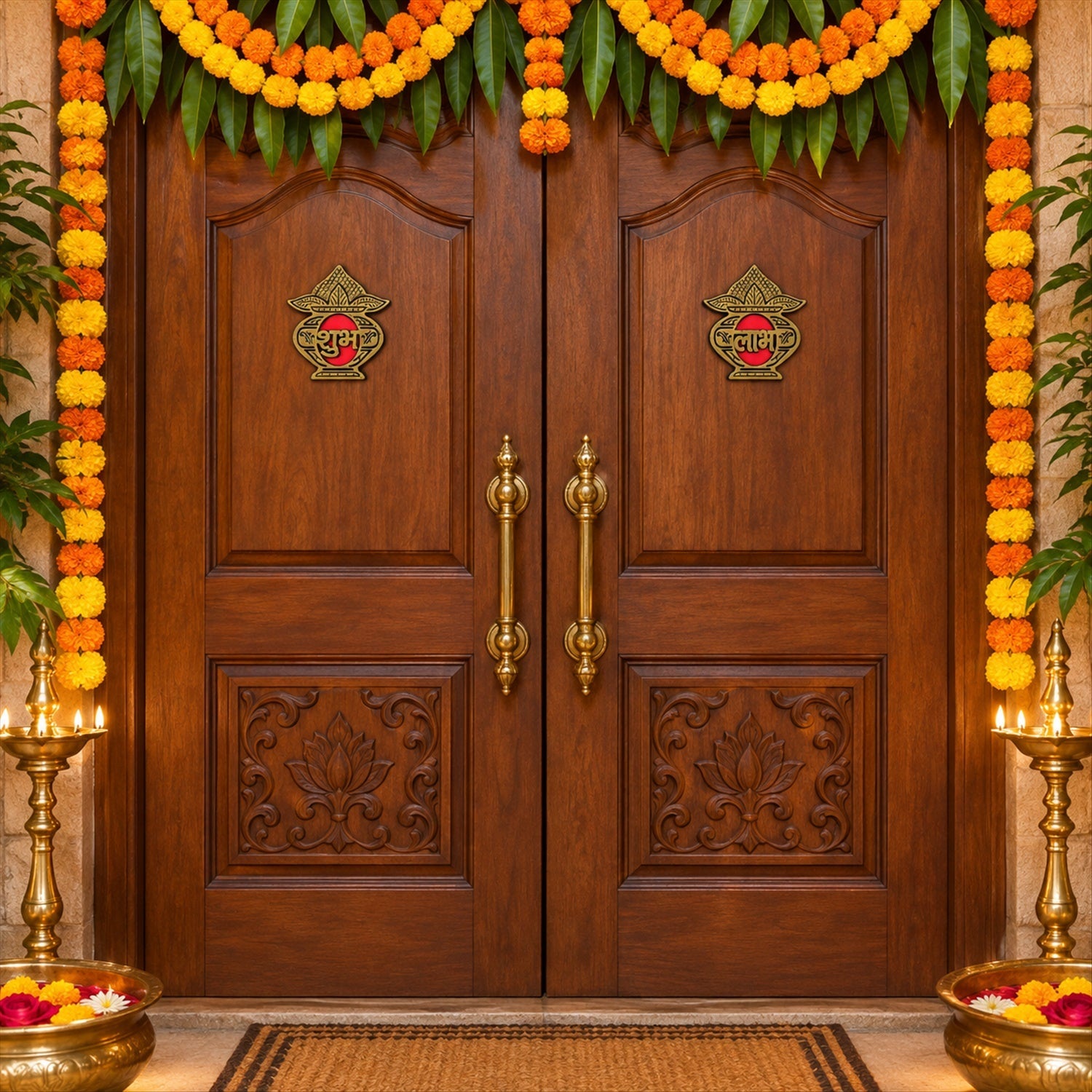 Two golden Shubh Labh stickers adorn a large wooden double door decorated with marigold garlands.