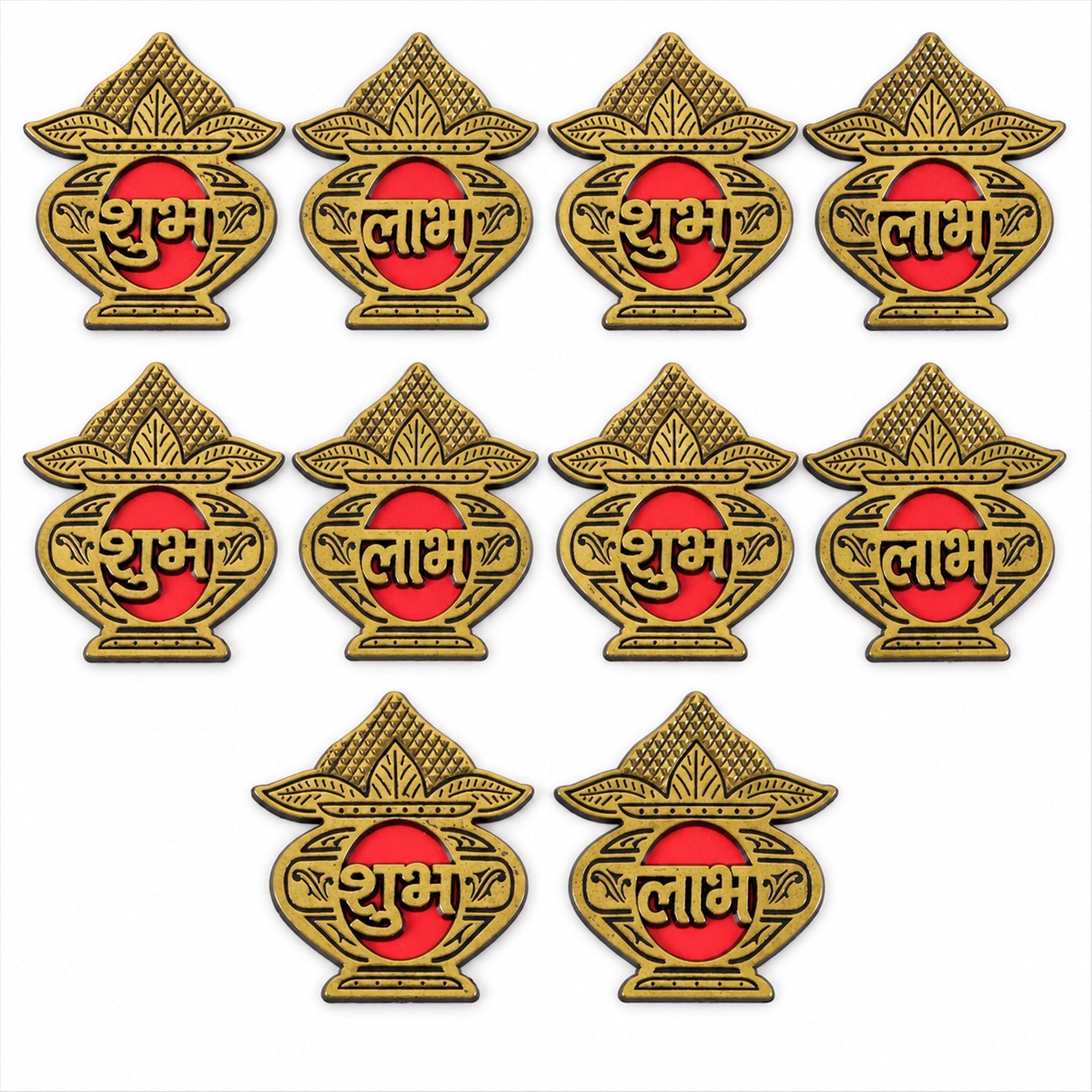Ten golden Shubh Labh stickers with red centers are neatly arranged in rows on a plain white background.
