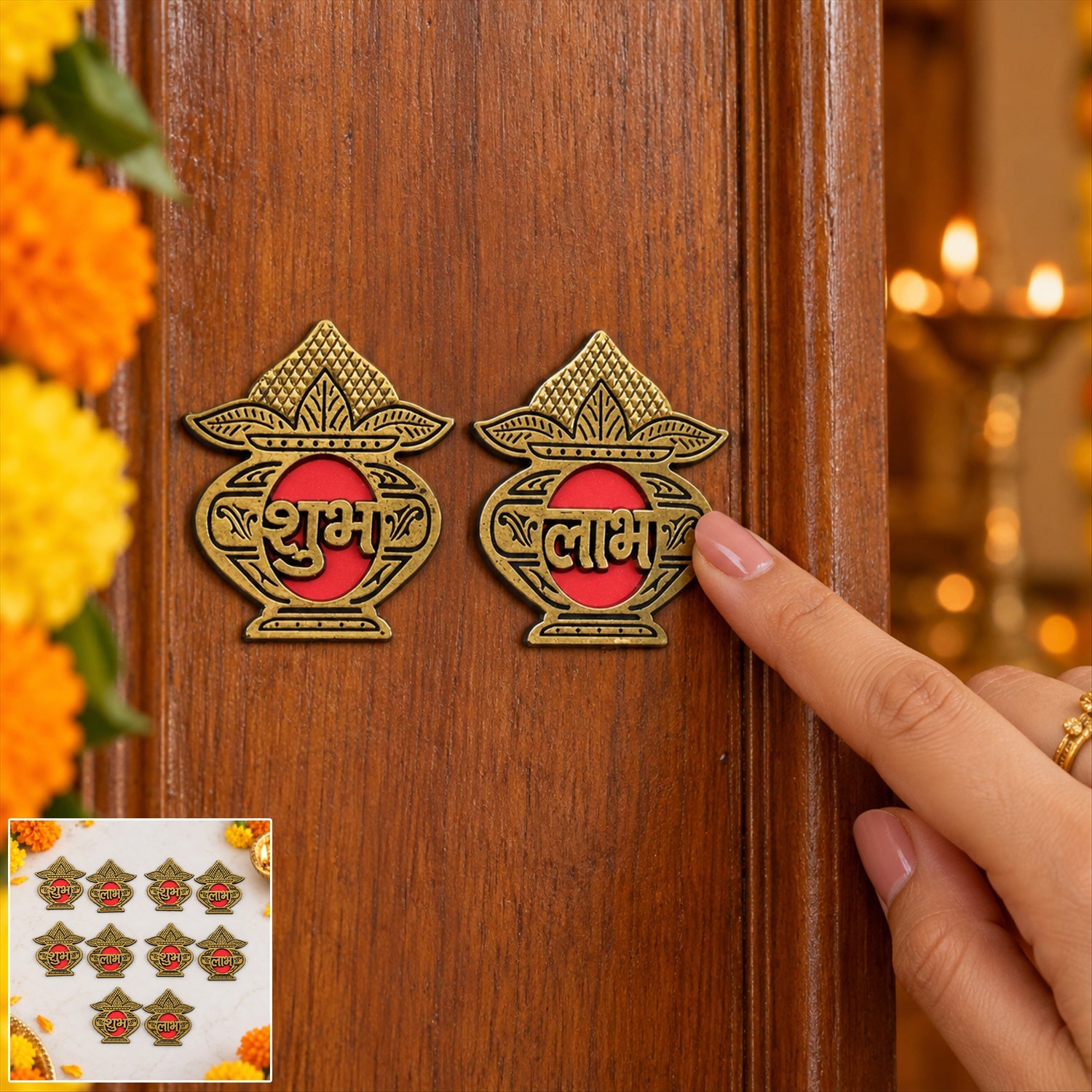 A hand points to a golden Shubh Labh sticker set on a wooden door, with a small inset showing ten stickers. â€“ view 9